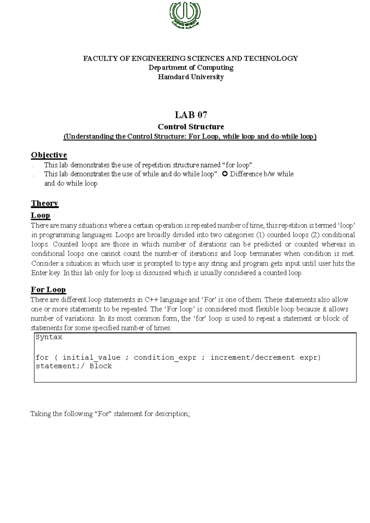 CSE 101: C++ Control Structures Lab - For, While, and Do-While Loops ...