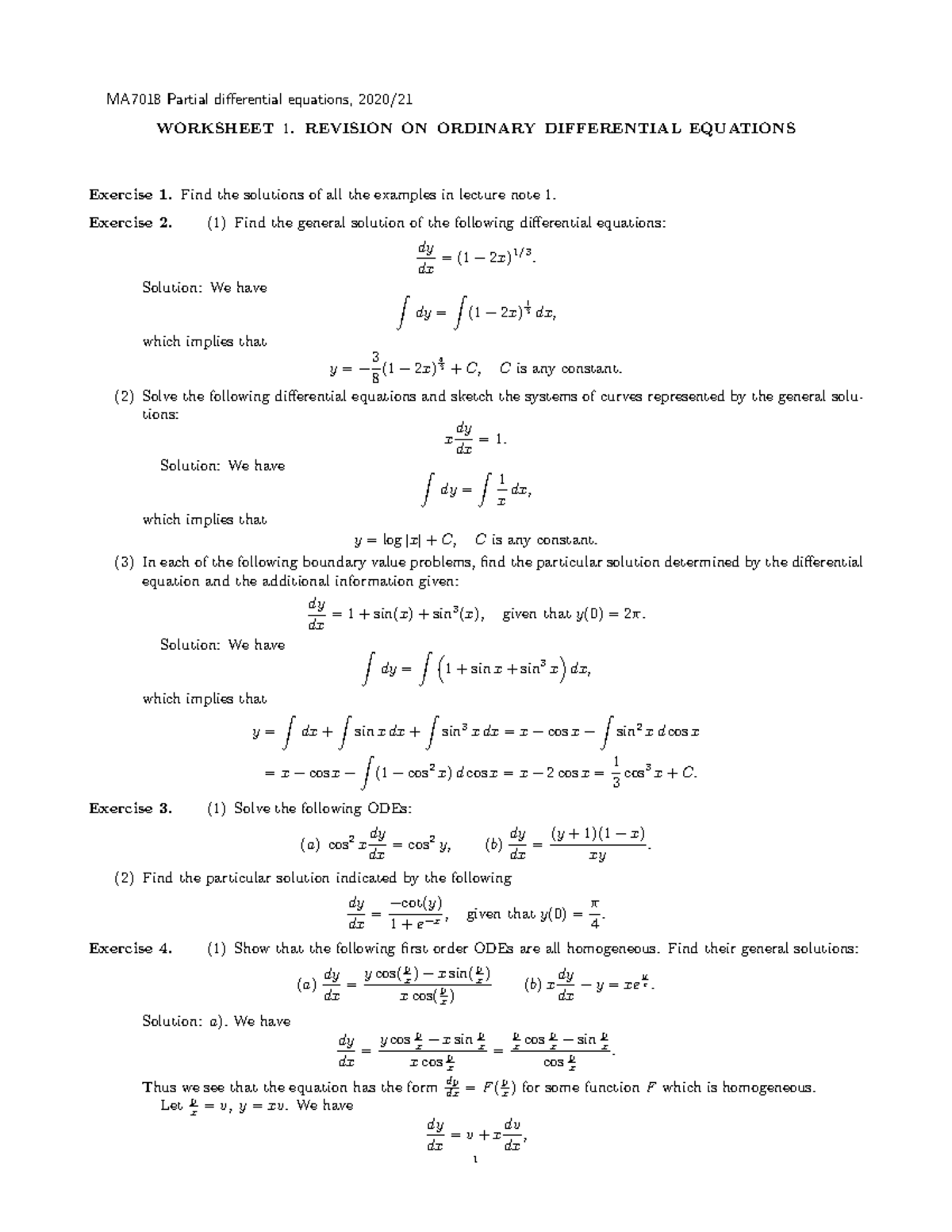 Differential Equations Worksheet Solved Math 2306: Differential