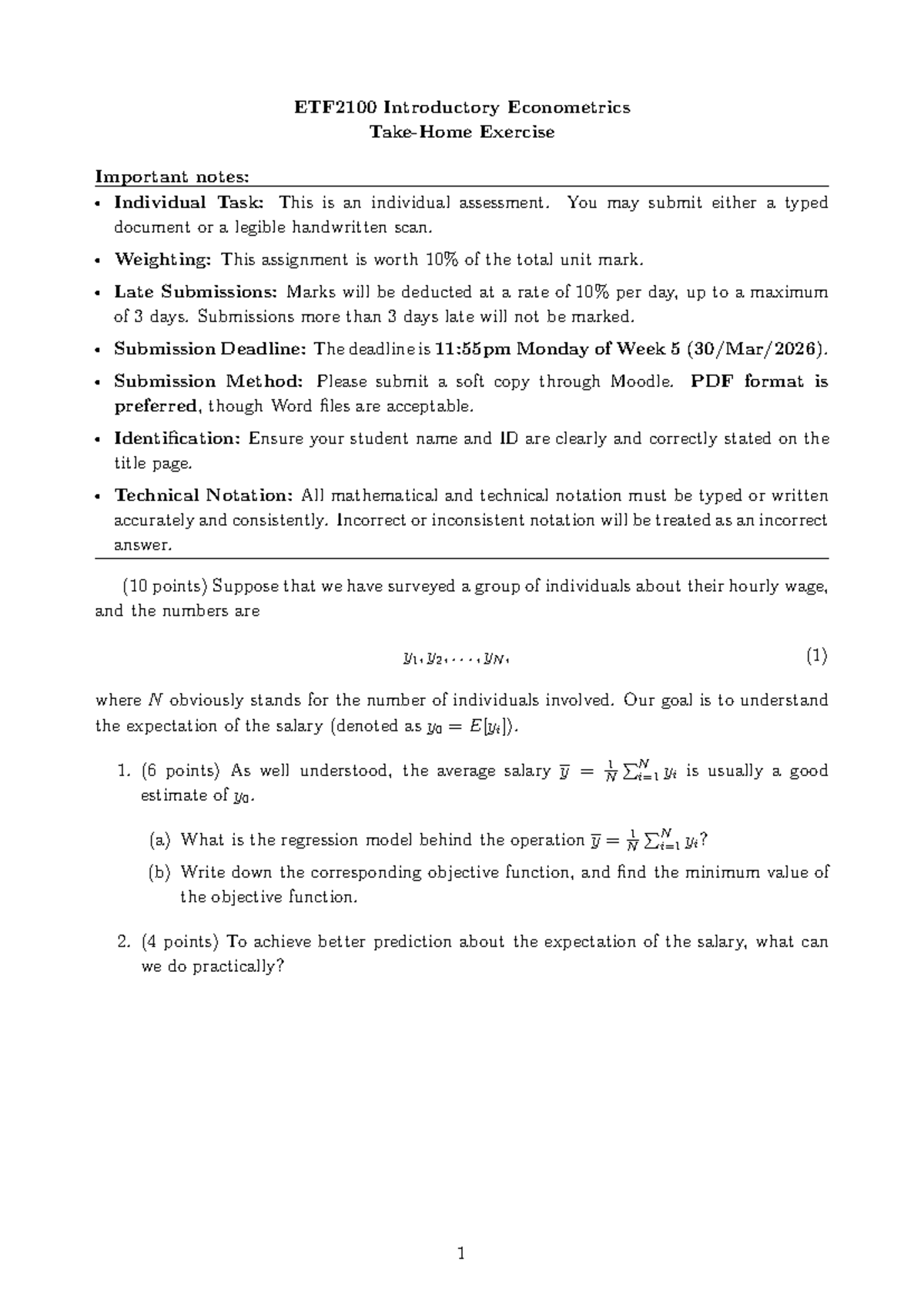 ETF2100 Introductory Econometrics Exercise 01 Important Notes - Studocu
