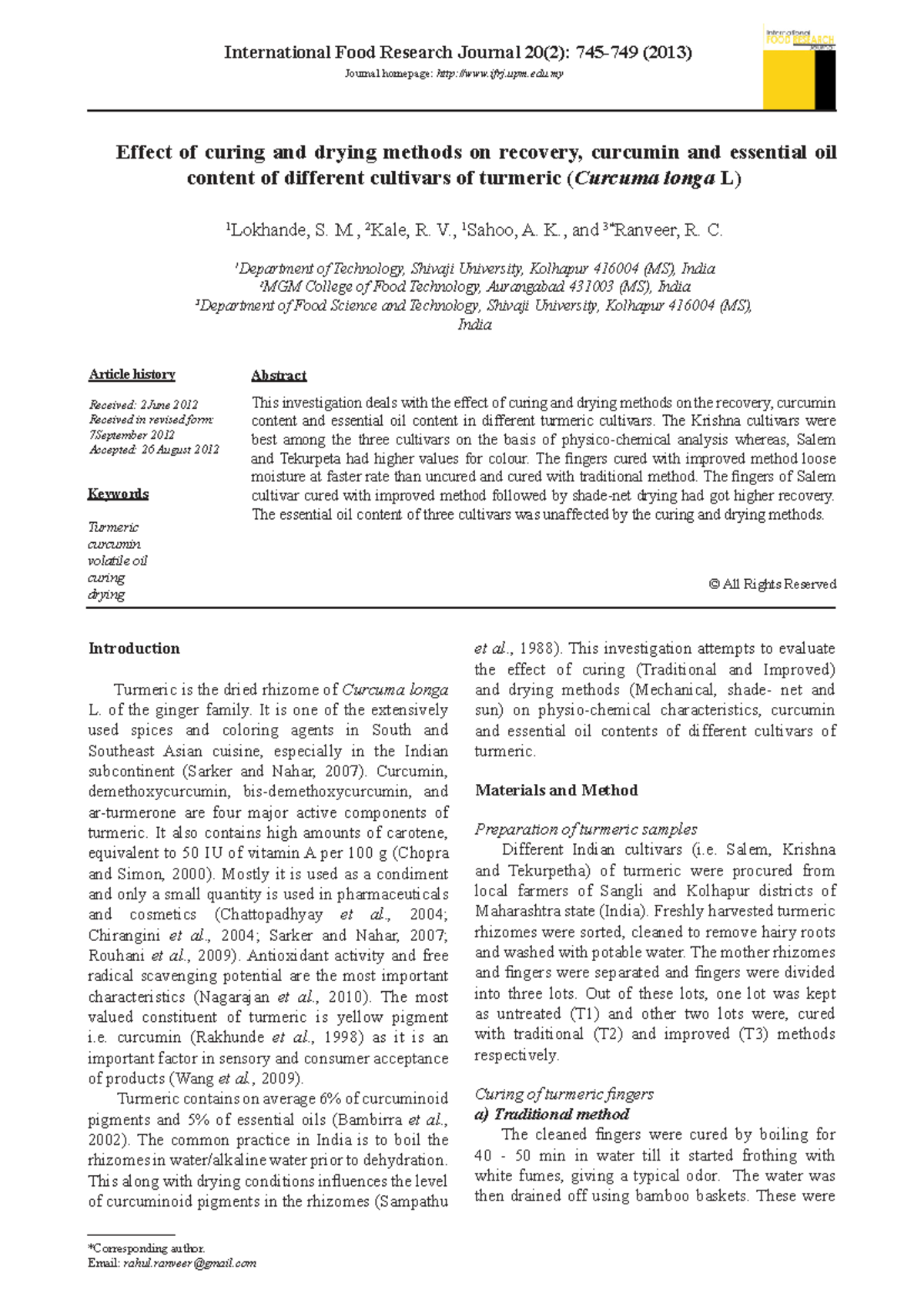 Lokhande et al. 2013 effect of curing and drying on turmeric quality ...