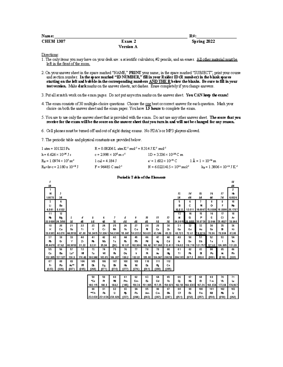 CHEM 1307 Exam 2 Spring 2022 - Version A Guidelines & Questions - Studocu