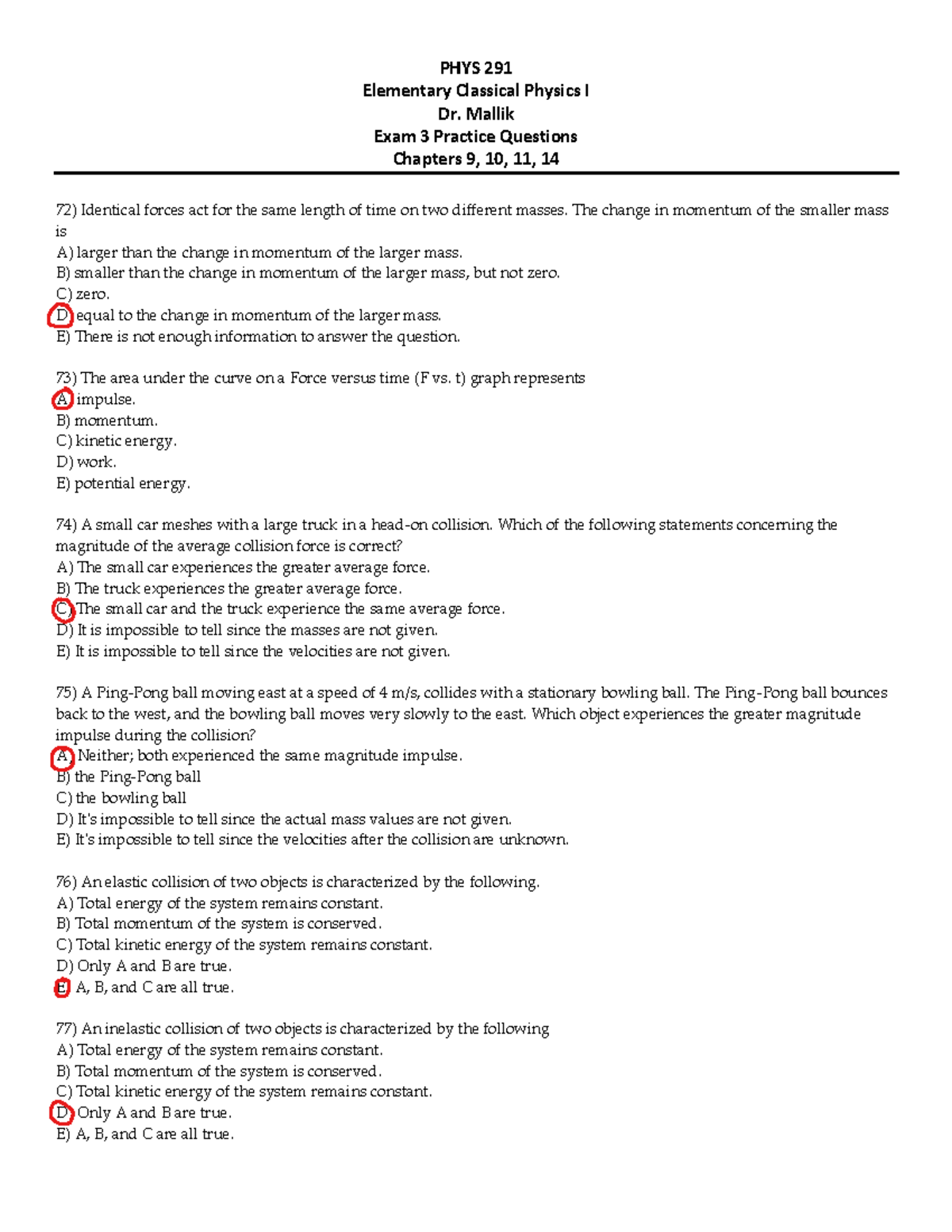 PHYS 291 Exam 3 Practice Questions: Topics from Chapters 9, 10, 11, 14 ...