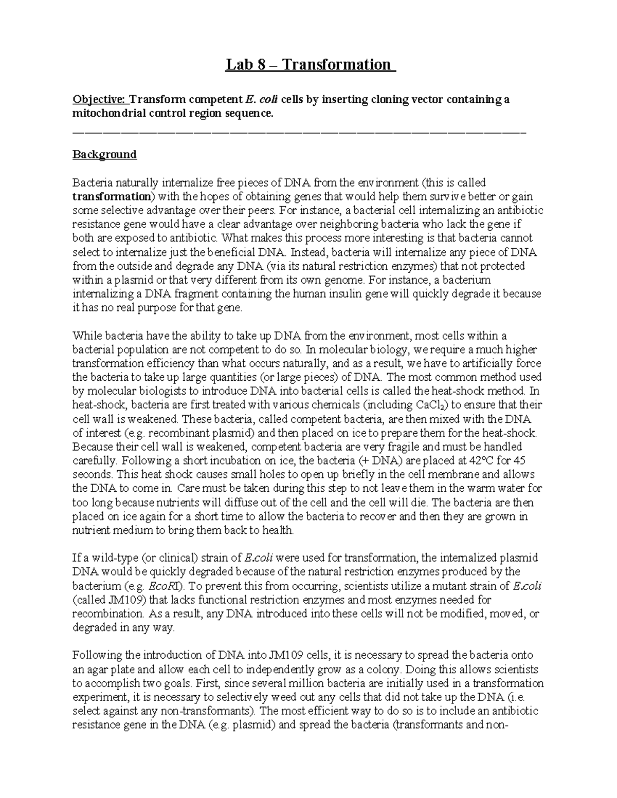 Lab 8: Transformation of Competent JM109 E. coli Cells - Studocu