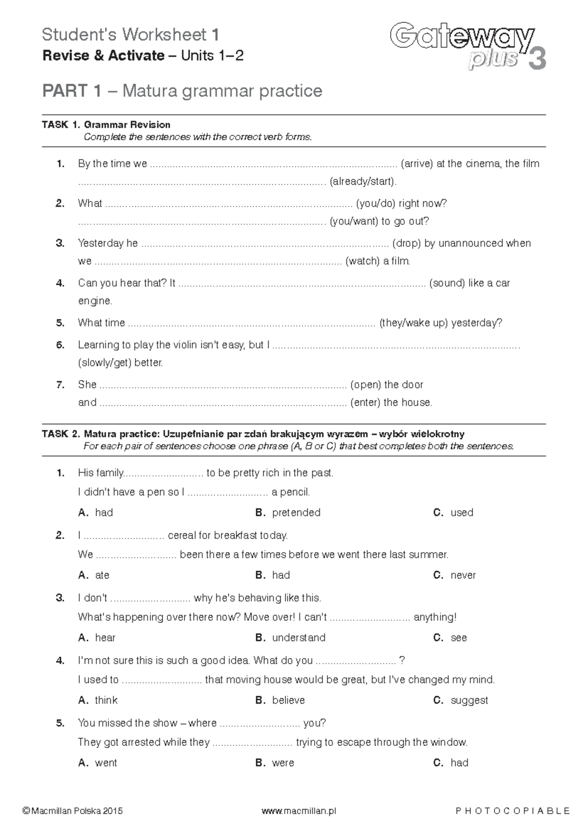 Revise & Activate SW Units 1-2: Matura Grammar Practice Worksheet - Studocu