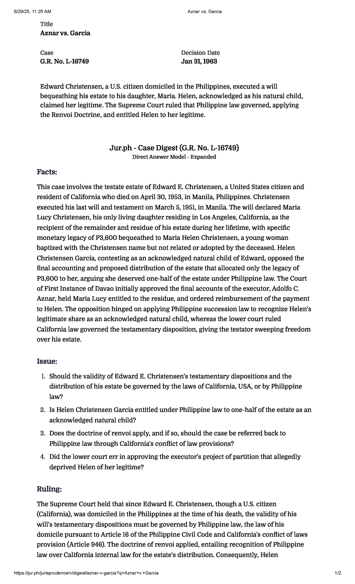 Aznar vs. Garcia Case Digest (G.R. No. 1963) - Supreme Court Ruling ...