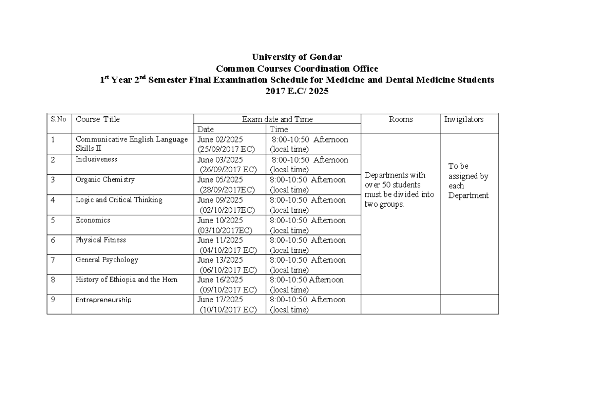 University of Gondar 1st Year 2nd Semester Final Exam Schedule 2017 ...