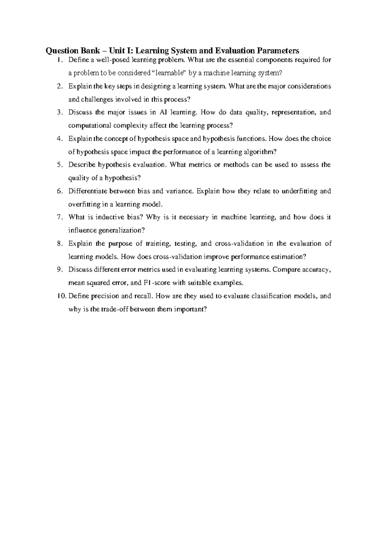 Question Bank: ANN Preparation for Unit I to VI - Studocu