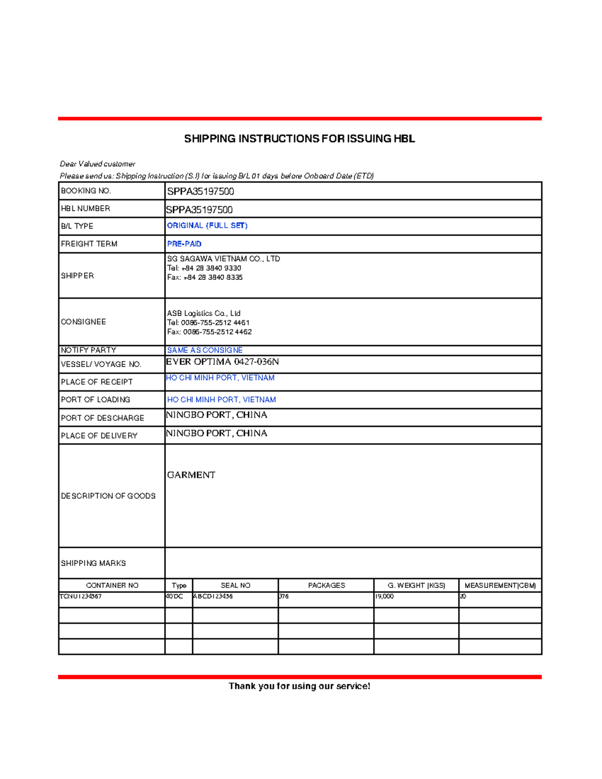 Shipping Instructions for HBL Issuance - SI Form - Studocu