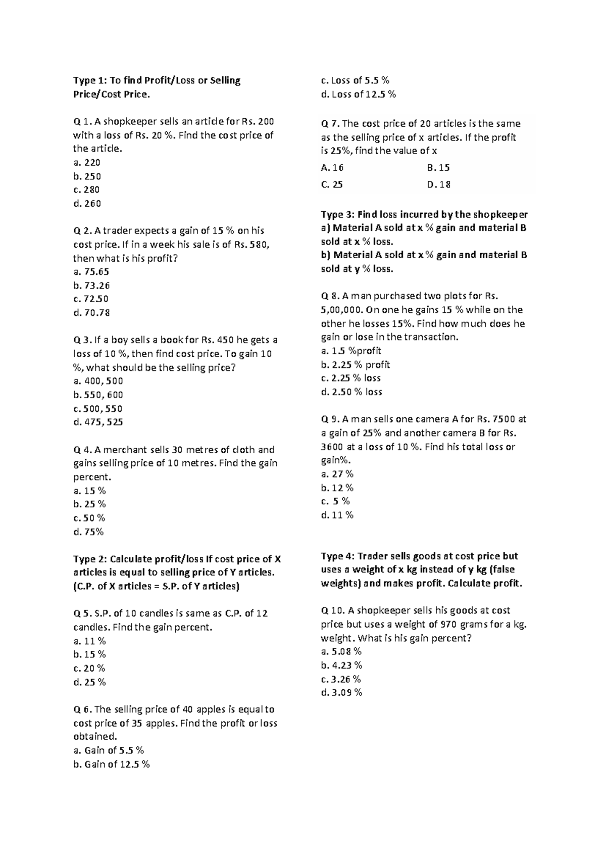 2.2 Profit and Loss Practice Sheet: Problem Solving Exercises - Studocu