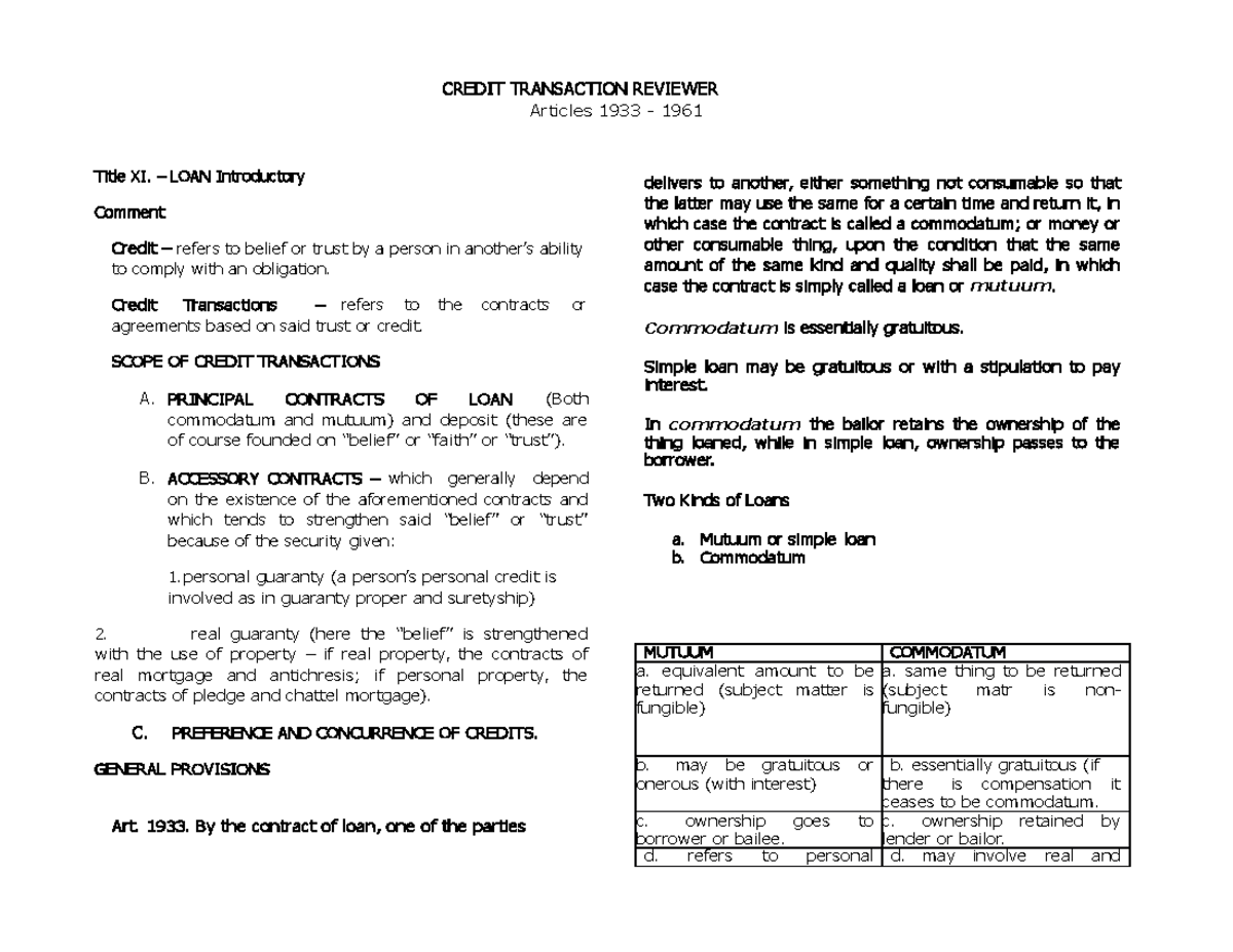 Credit Transaction Reviewer: Overview & Analysis (Arts 1933-1961) - Studocu