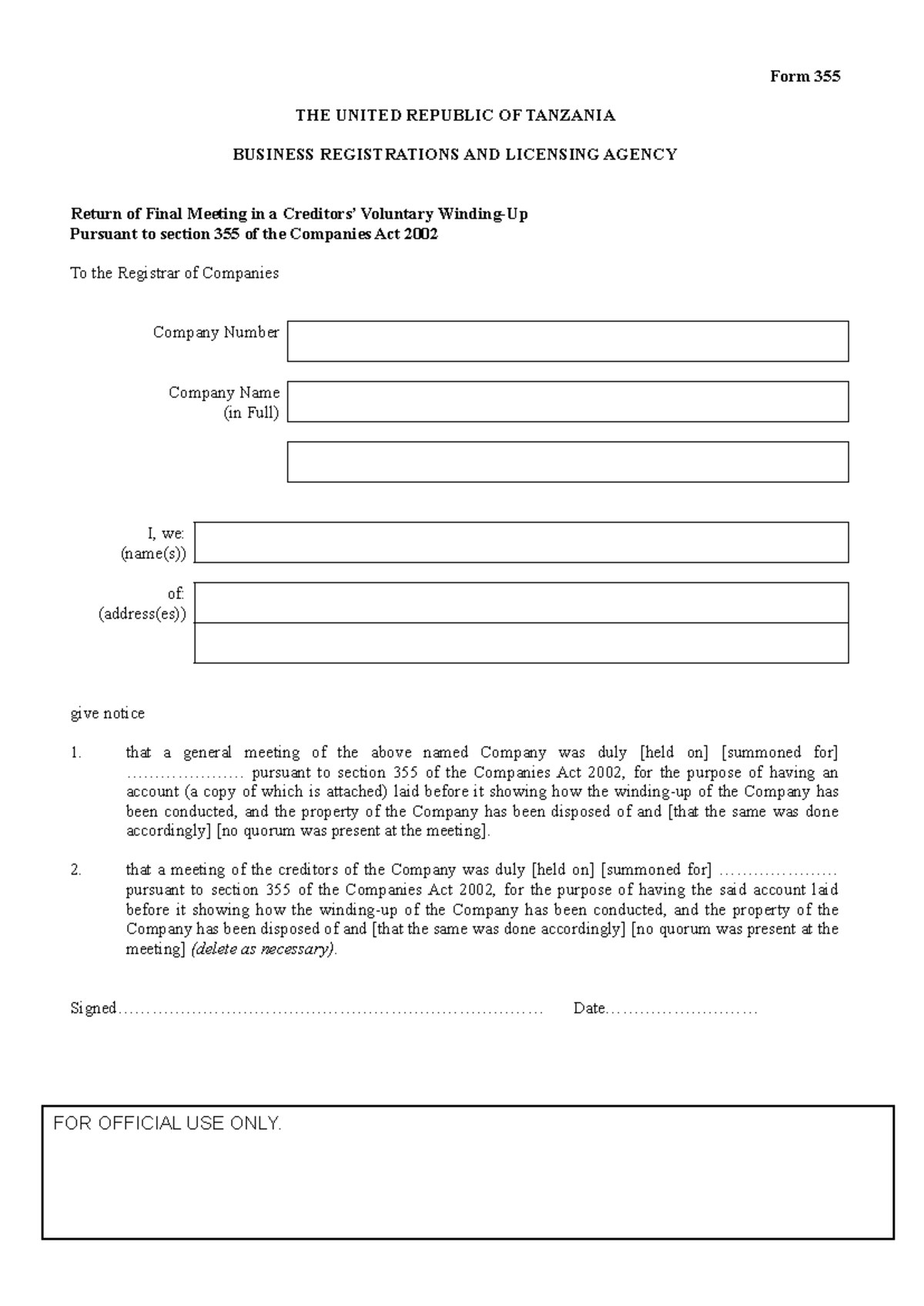 Form 345: Return of Final Meeting & Liquidation Notice - Companies Act ...