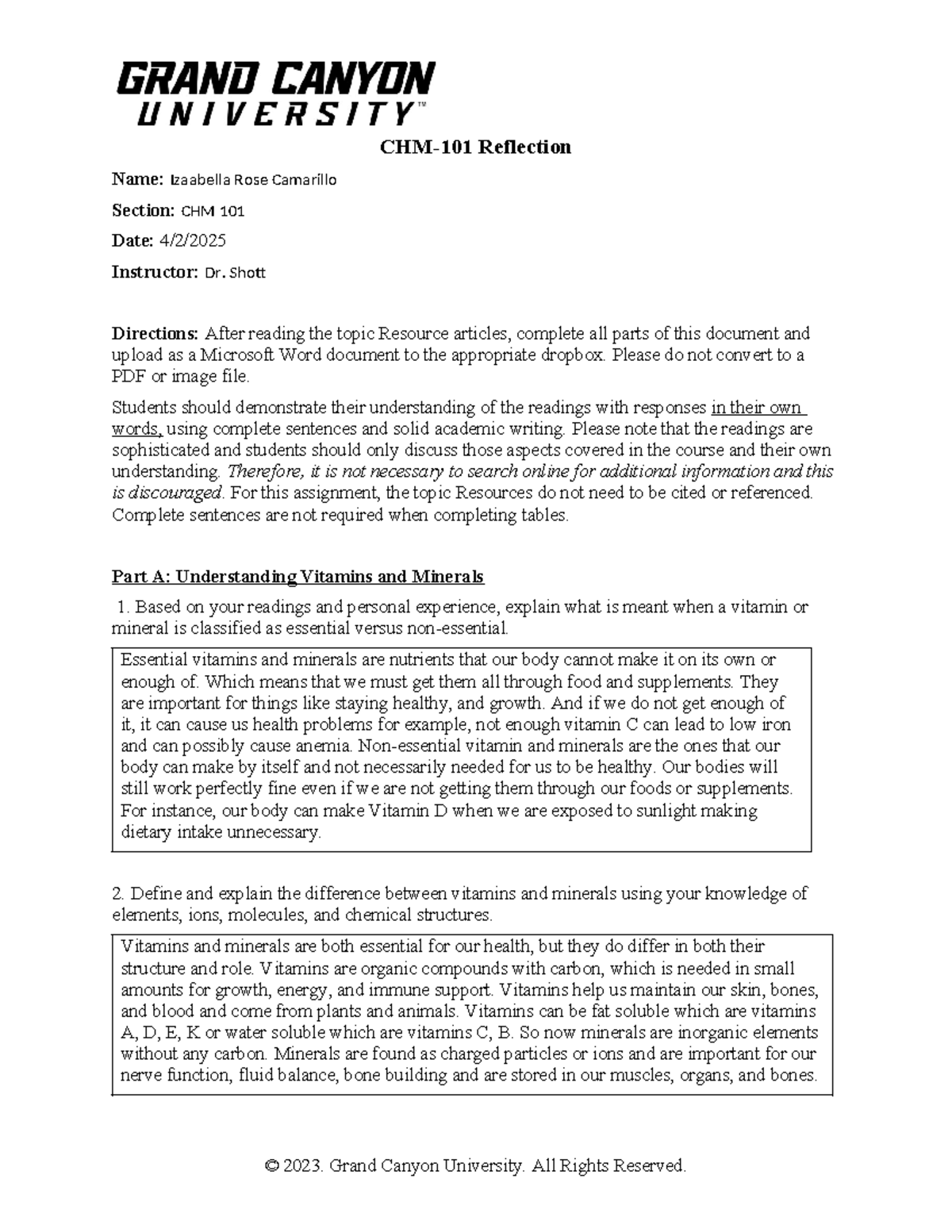 Chem 101 reflection on essential vitamins and minerals - Studocu