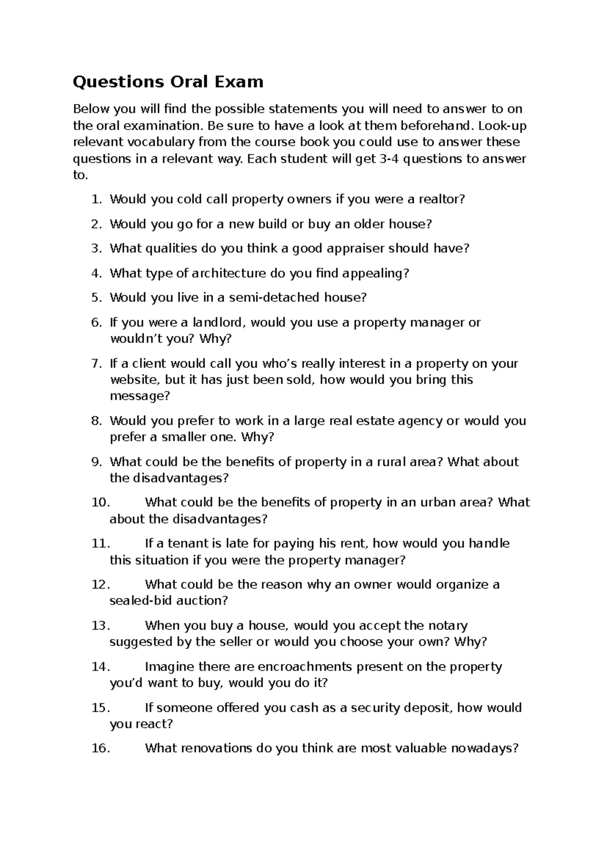 ENG 101: Oral Exam Questions for Real Estate Concepts - Studocu
