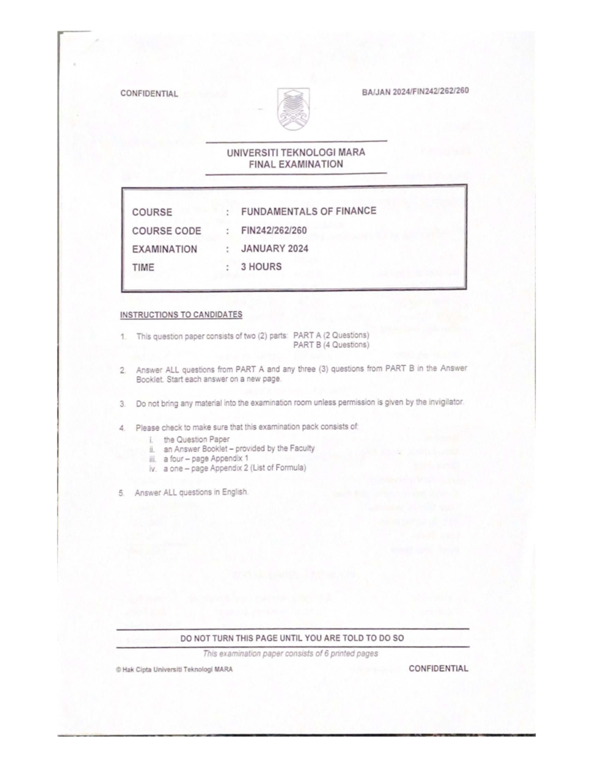 FIN242 JAN24 Final Exam Paper: Fundamentals of Finance - Studocu