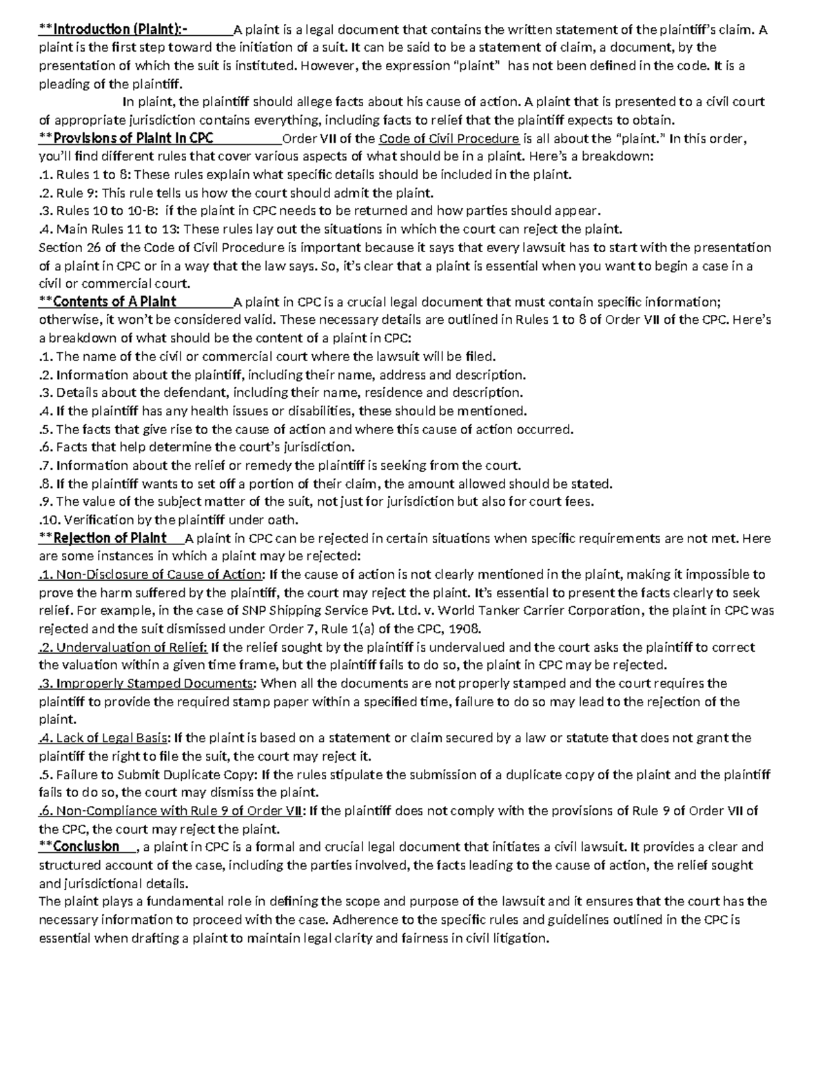4. Plaint - **Introduction (Plaint):- A plaint is a legal document that ...