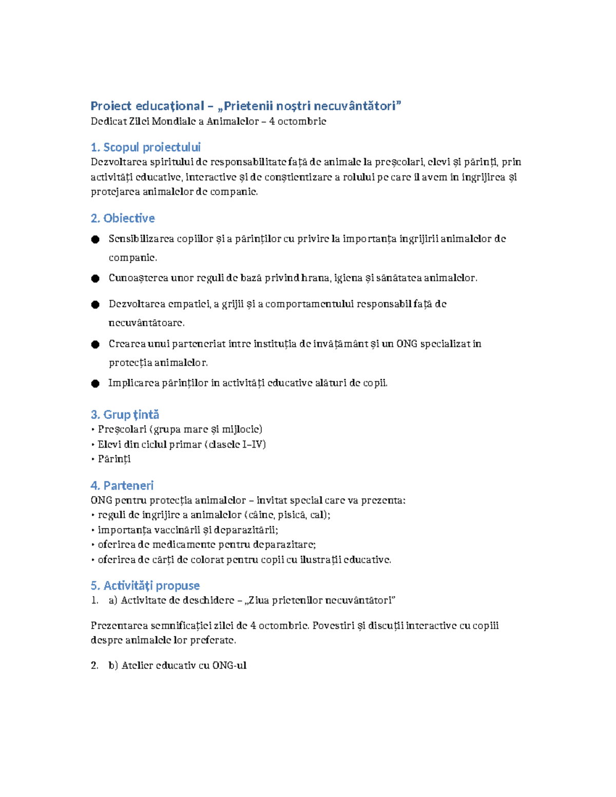 Proiect Educațional: Ziua Mondială a Animalelor - 4 Octombrie - Studocu
