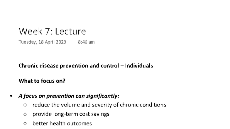 Week 7: Lecture Notes on Chronic Disease Prevention and Control - Studocu