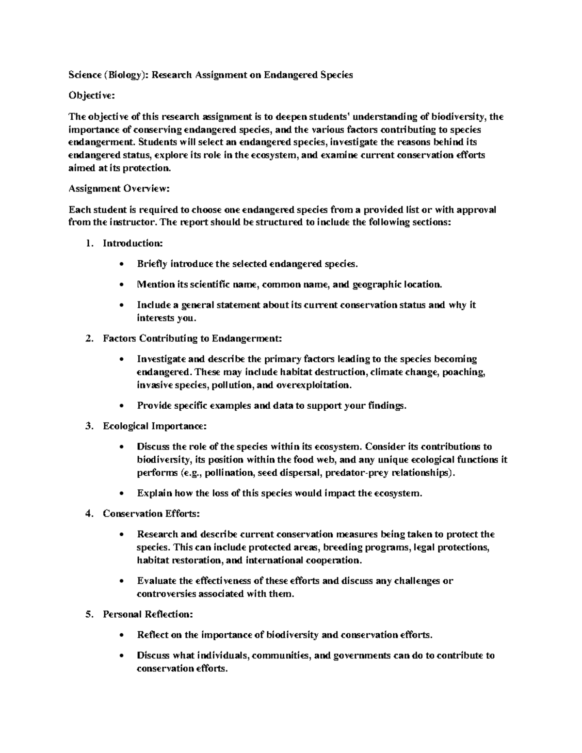 BIO 101 - Research Assignment on Endangered Species: Conservation ...