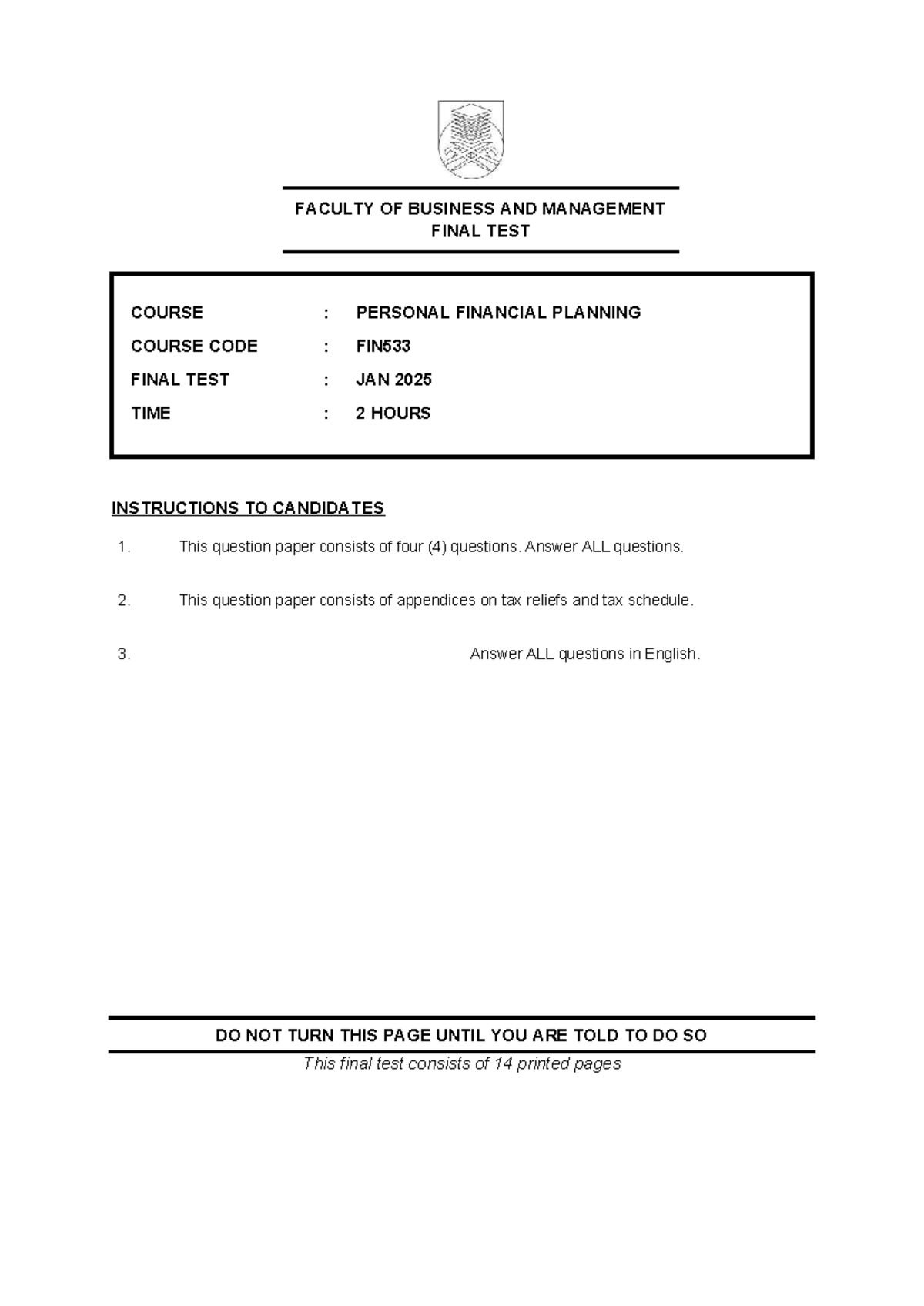 FIN533 Final Test: Personal Financial Planning - January 2025 - Studocu