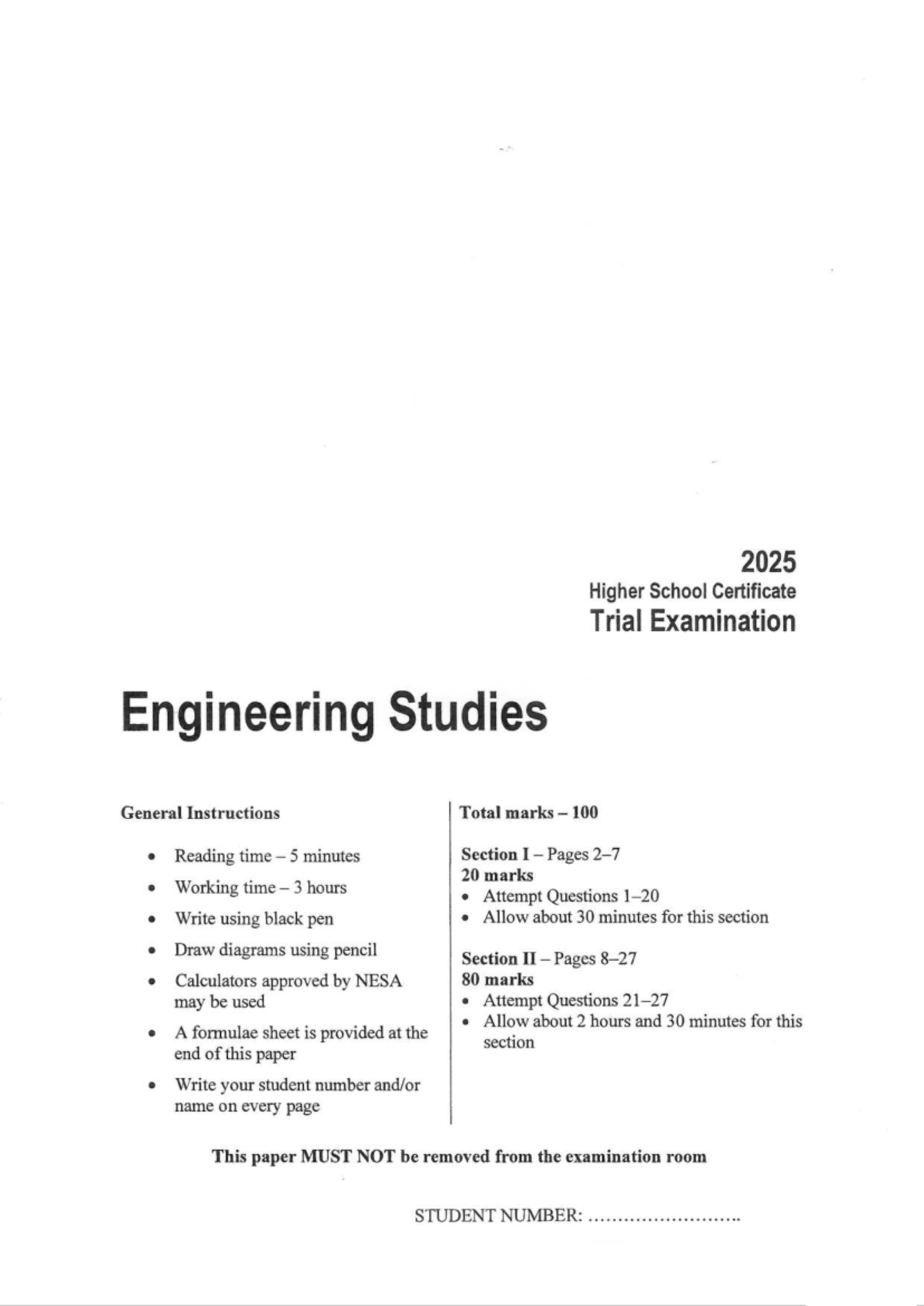 2025 Engineering Studies Trial Exam Instructions and Questions - Document Preview
