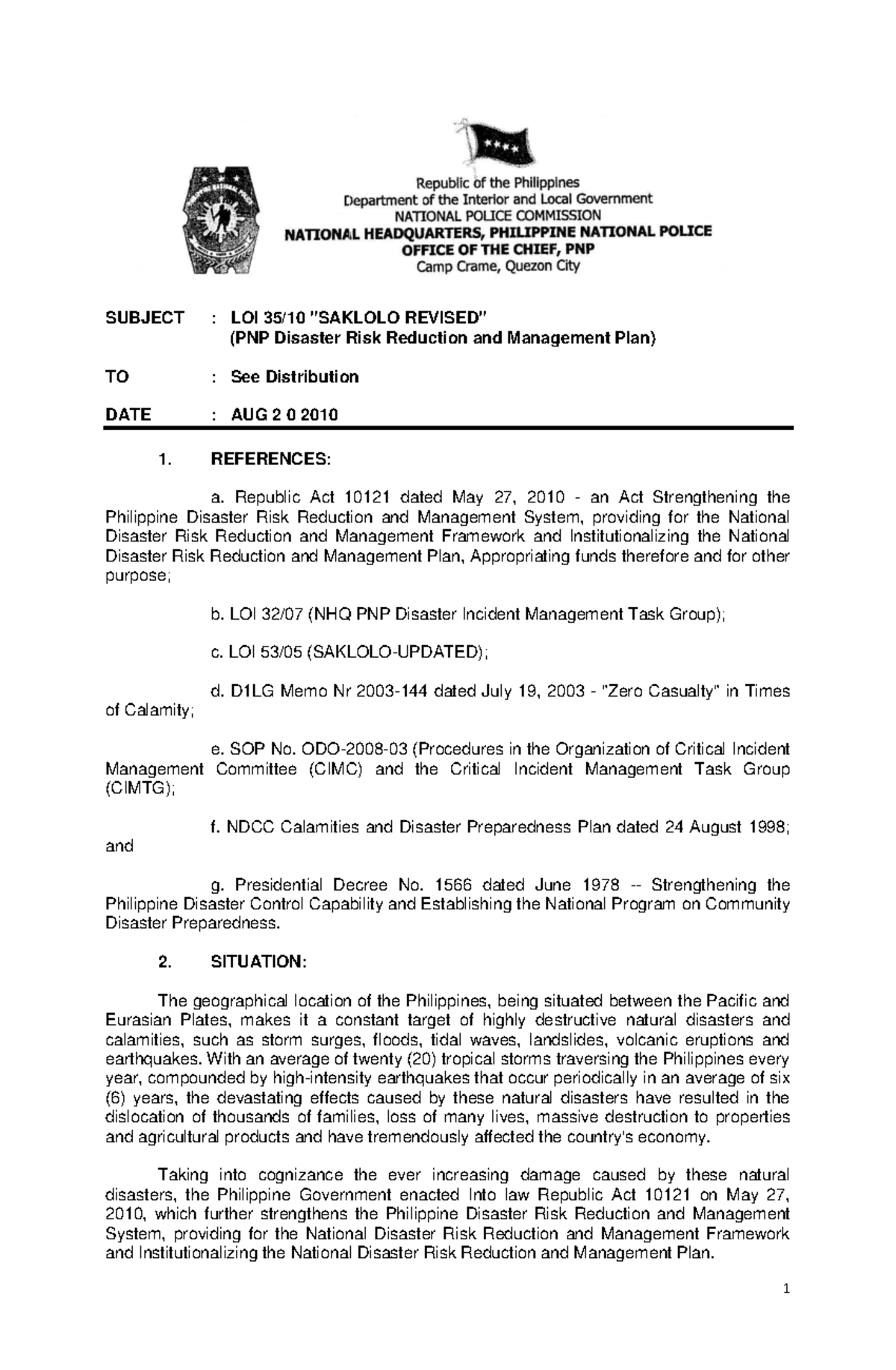 LOI 35/10: Revised PNP Disaster Risk Reduction & Mgmt Plan - Studocu