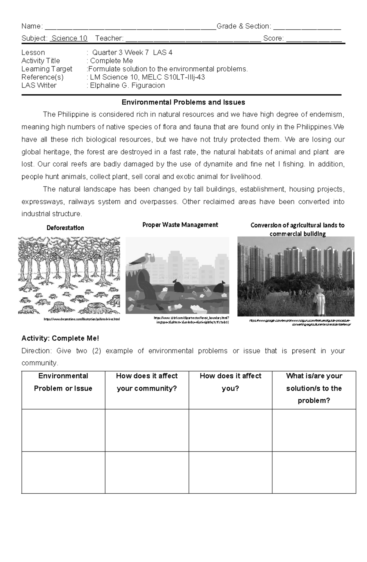 Science 10 Q3 Week 7 LAS 4: Environmental Problems and Solutions - Studocu