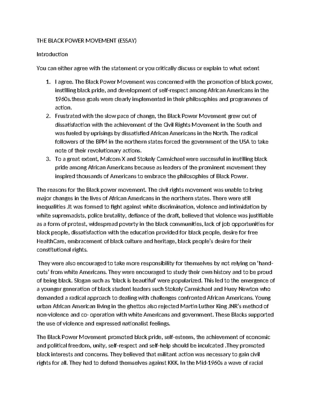 Black Power Movement Essay (2024) - Chukwueze Mzeetos - Studocu