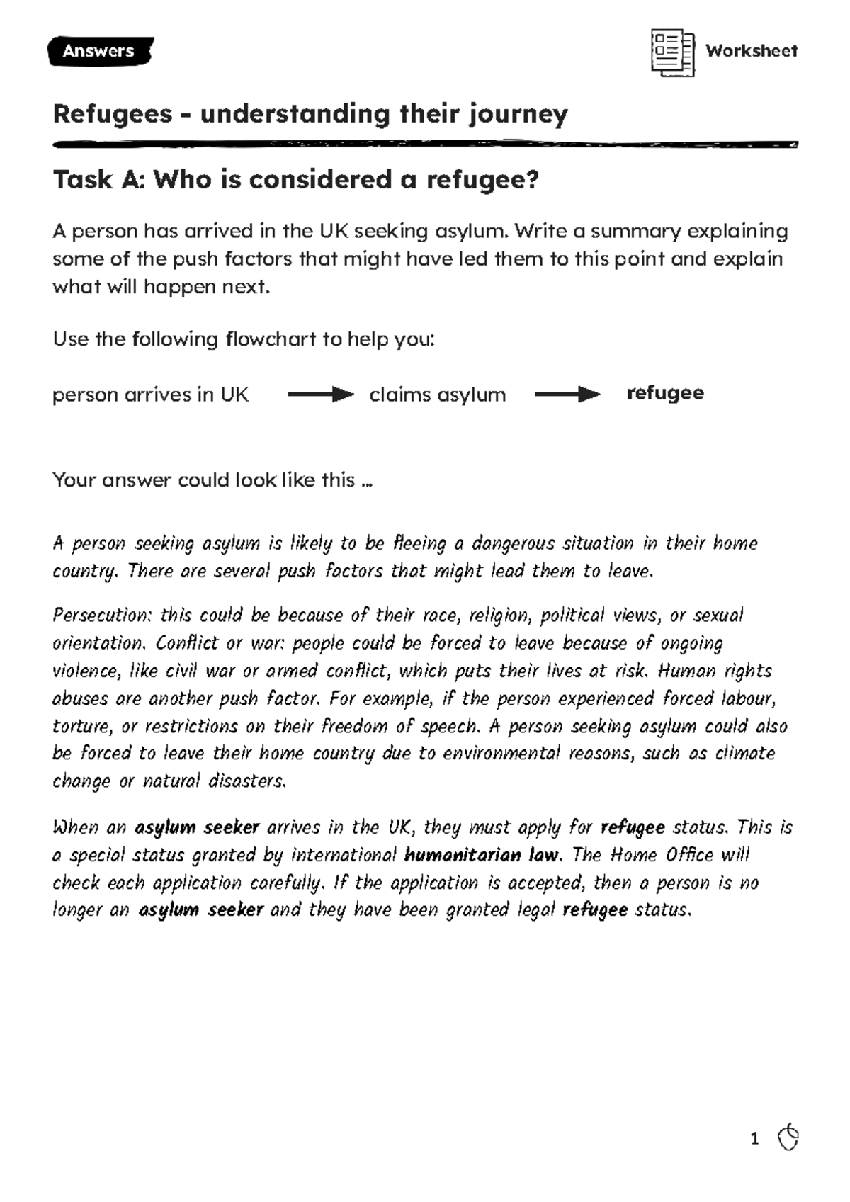 Refugees: Understanding Their Journey - Task A Summary Worksheet - Studocu