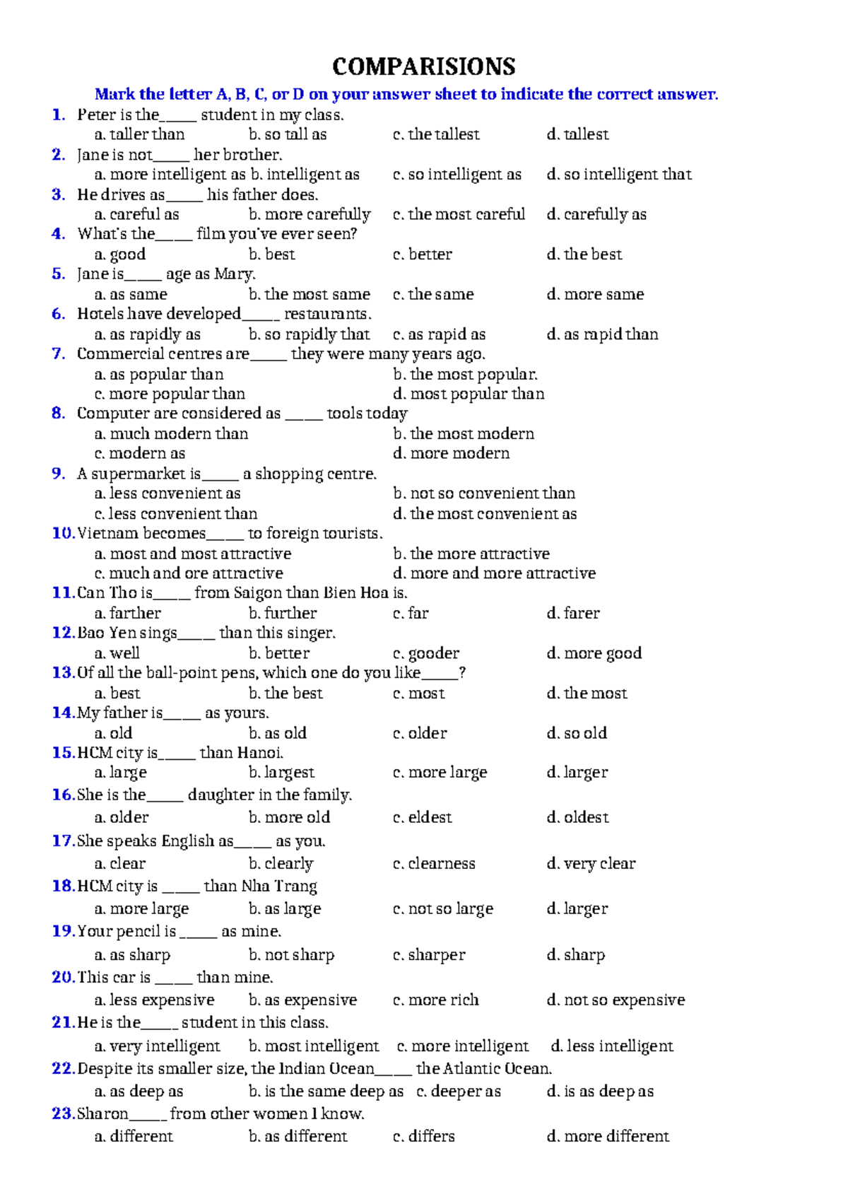 English Comparisons Exercises and Answer Key - Studocu