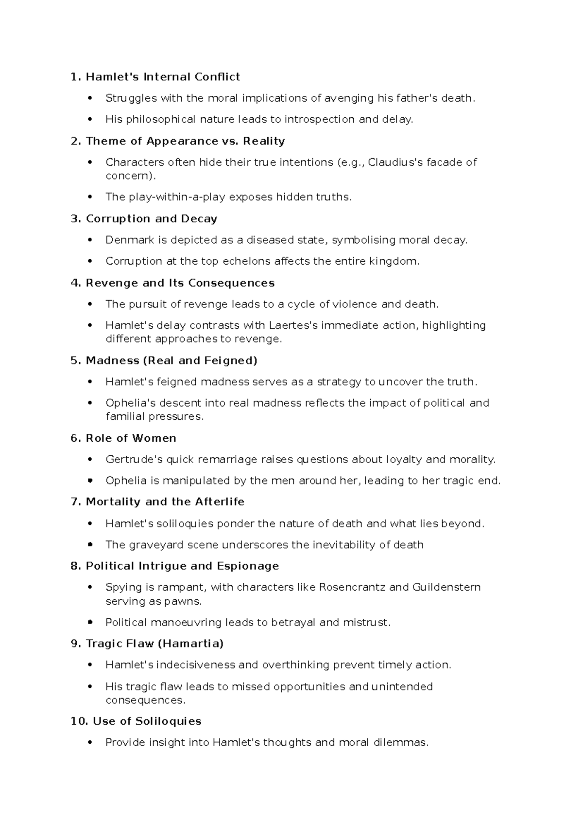 Hamlet (ENG 101) Common Themes and Analysis Points for Study - Studocu