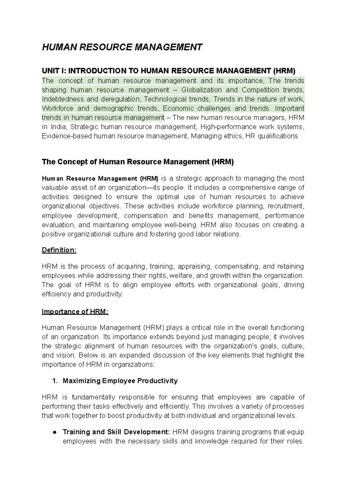 HRM UNIT I - notes - Human Resource Management (HRM) Definition Human ...