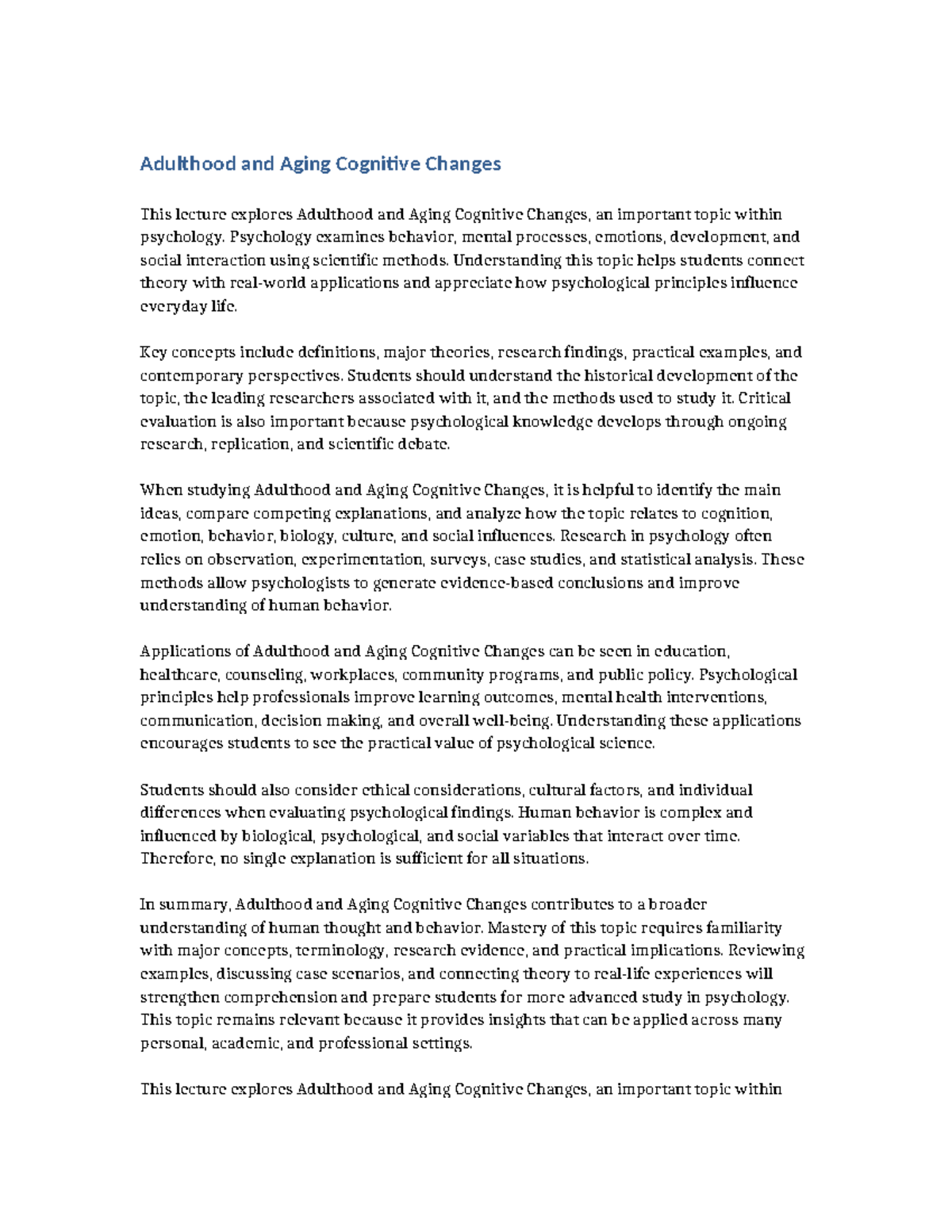 Lecture on Adulthood and Aging: Cognitive Changes in Psychology - Studocu