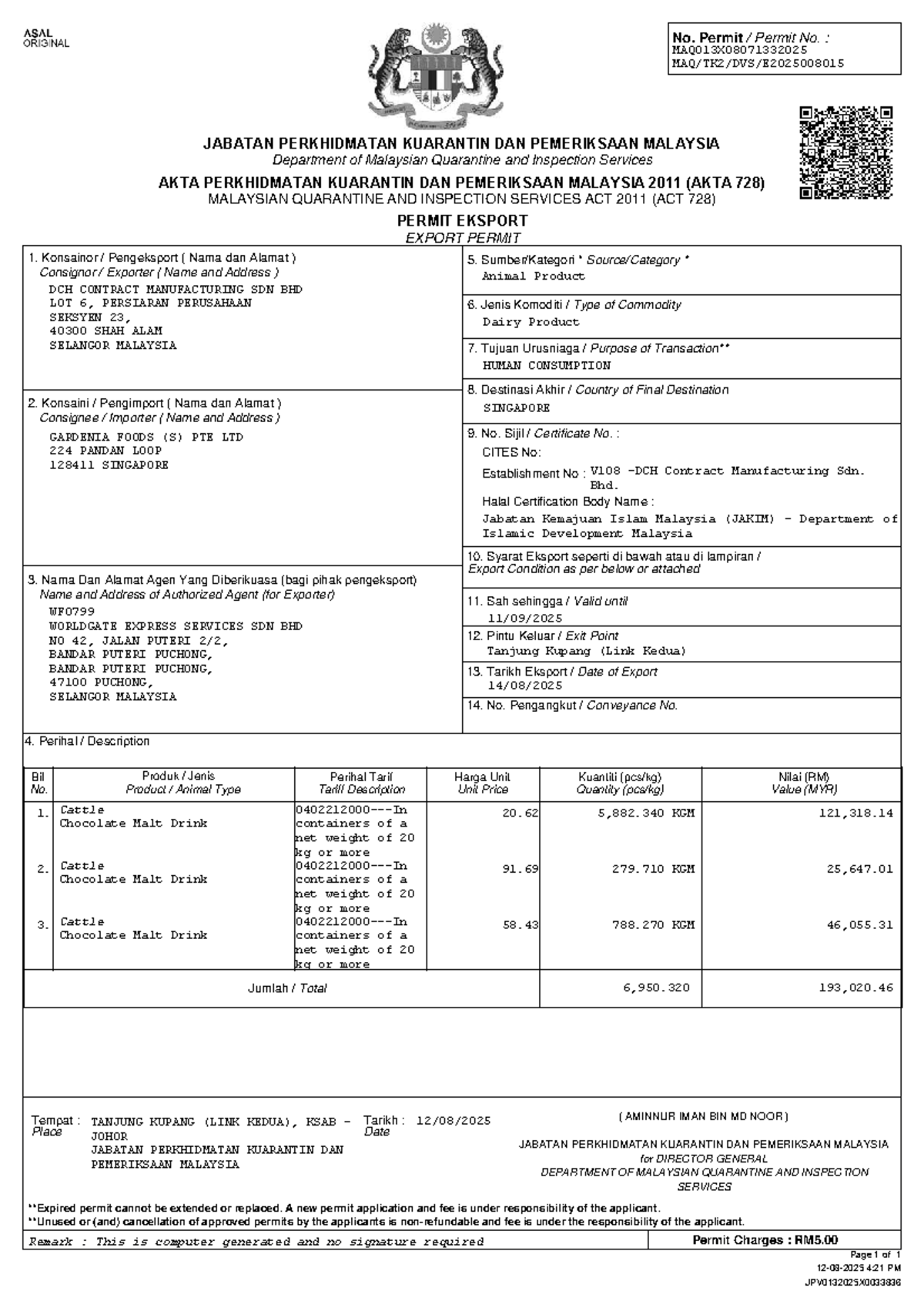 Maqis Export Permit DVS 06345 - Dairy Products to Singapore - Studocu