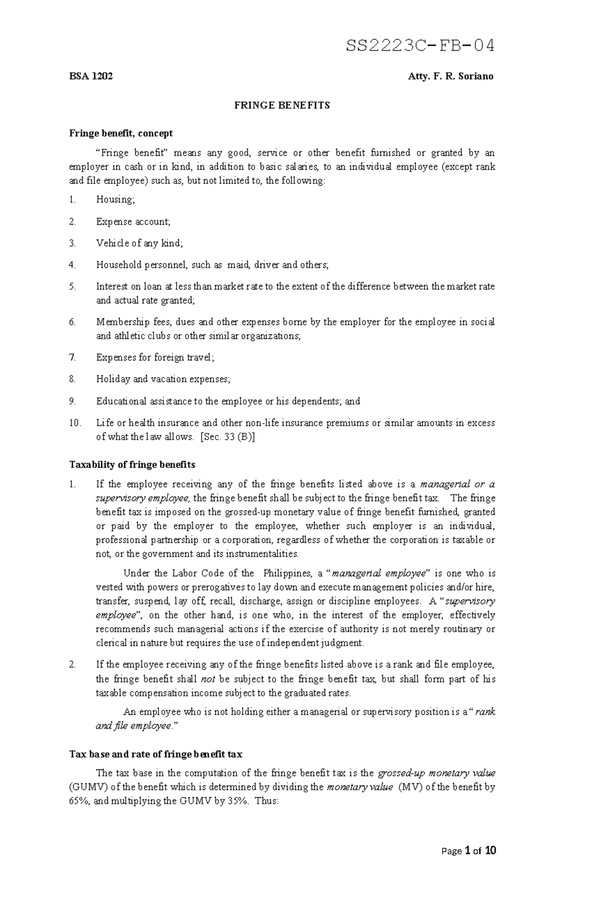 BSA 1202 SS2223C Final Exam Notes on Fringe Benefits - Studocu