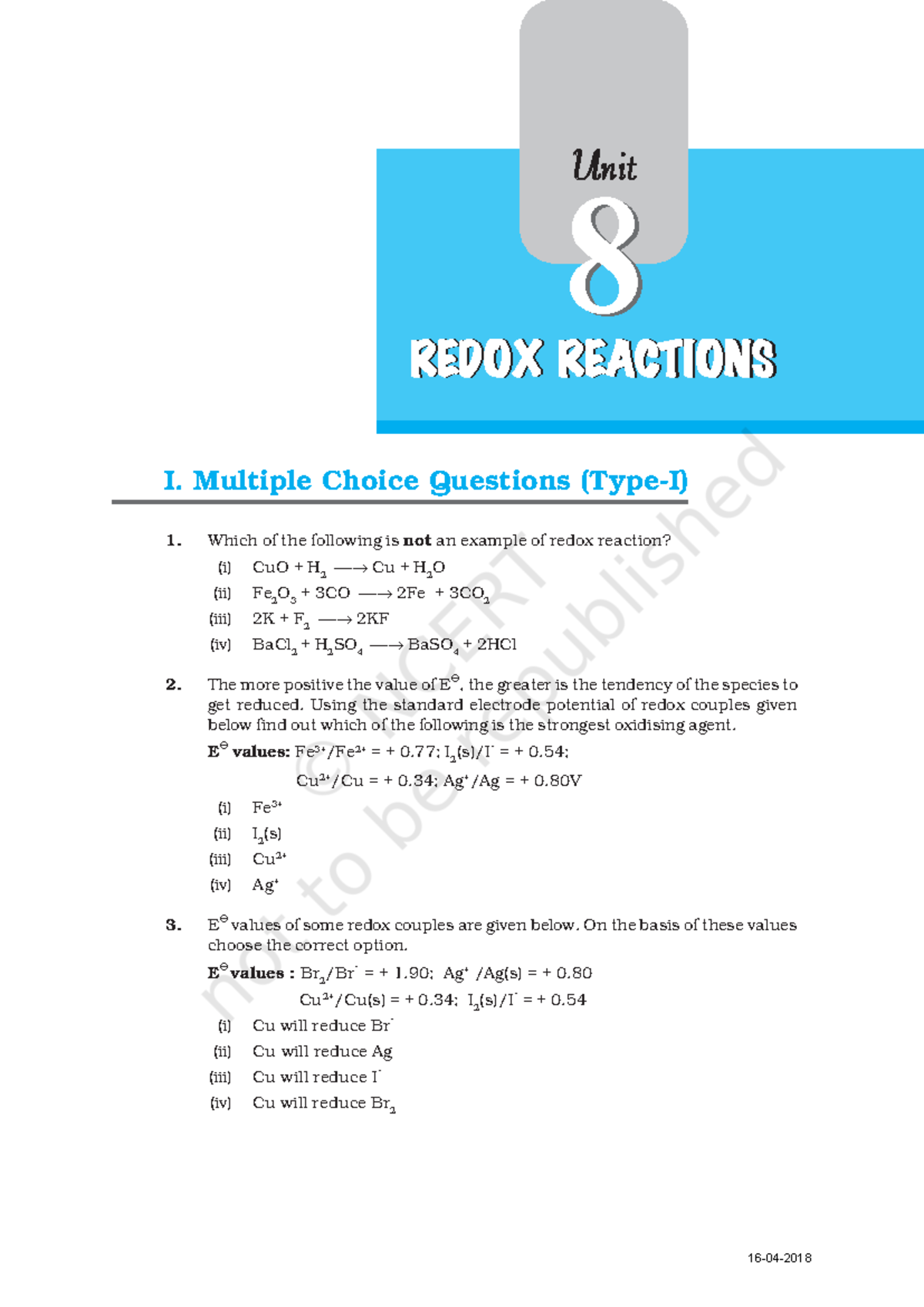 Class 11 Chemistry: Redox Reactions Study Guide and MCQs - Studocu