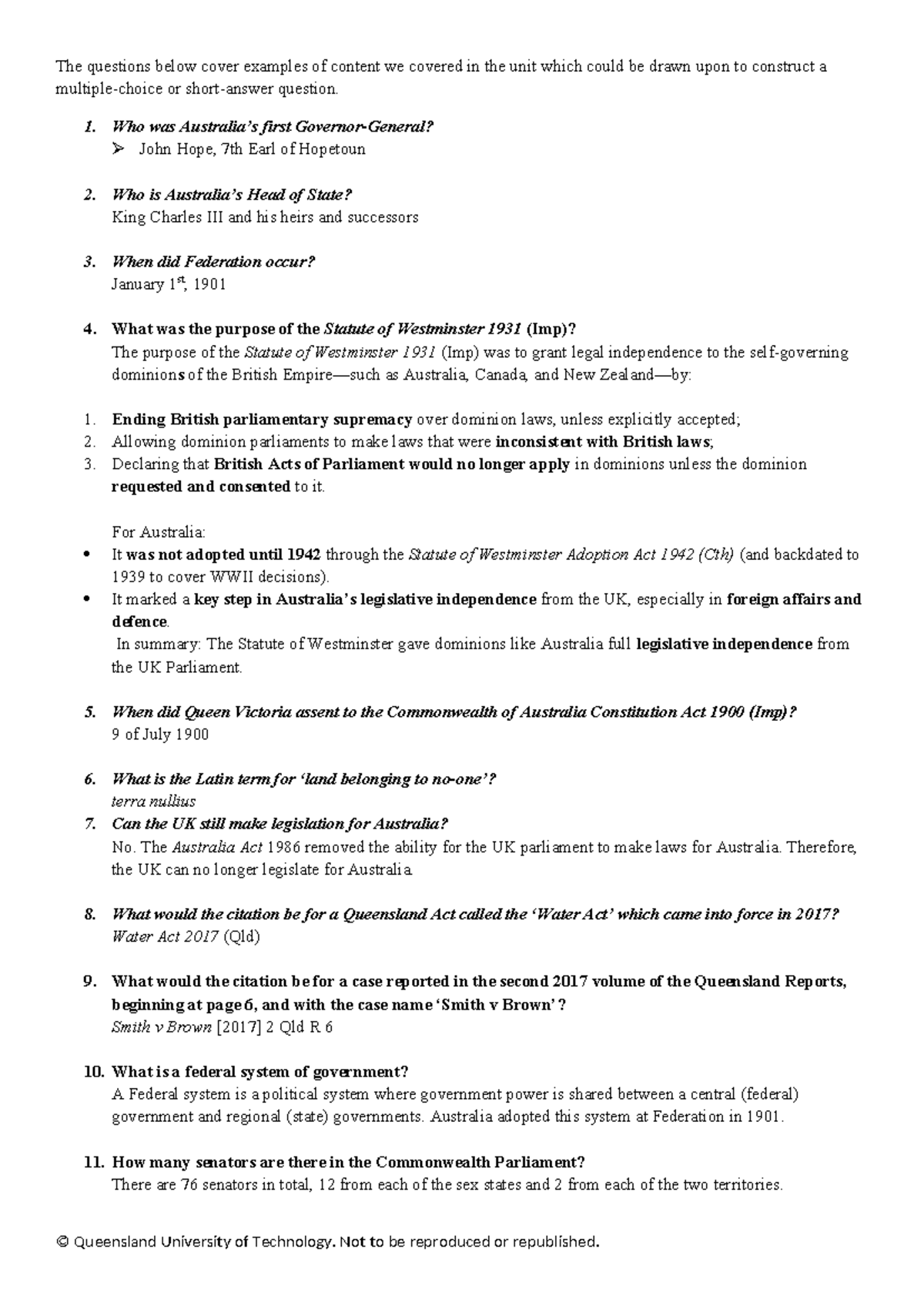 QUT LAW 101: Example Content for MC Exam Preparation - Studocu