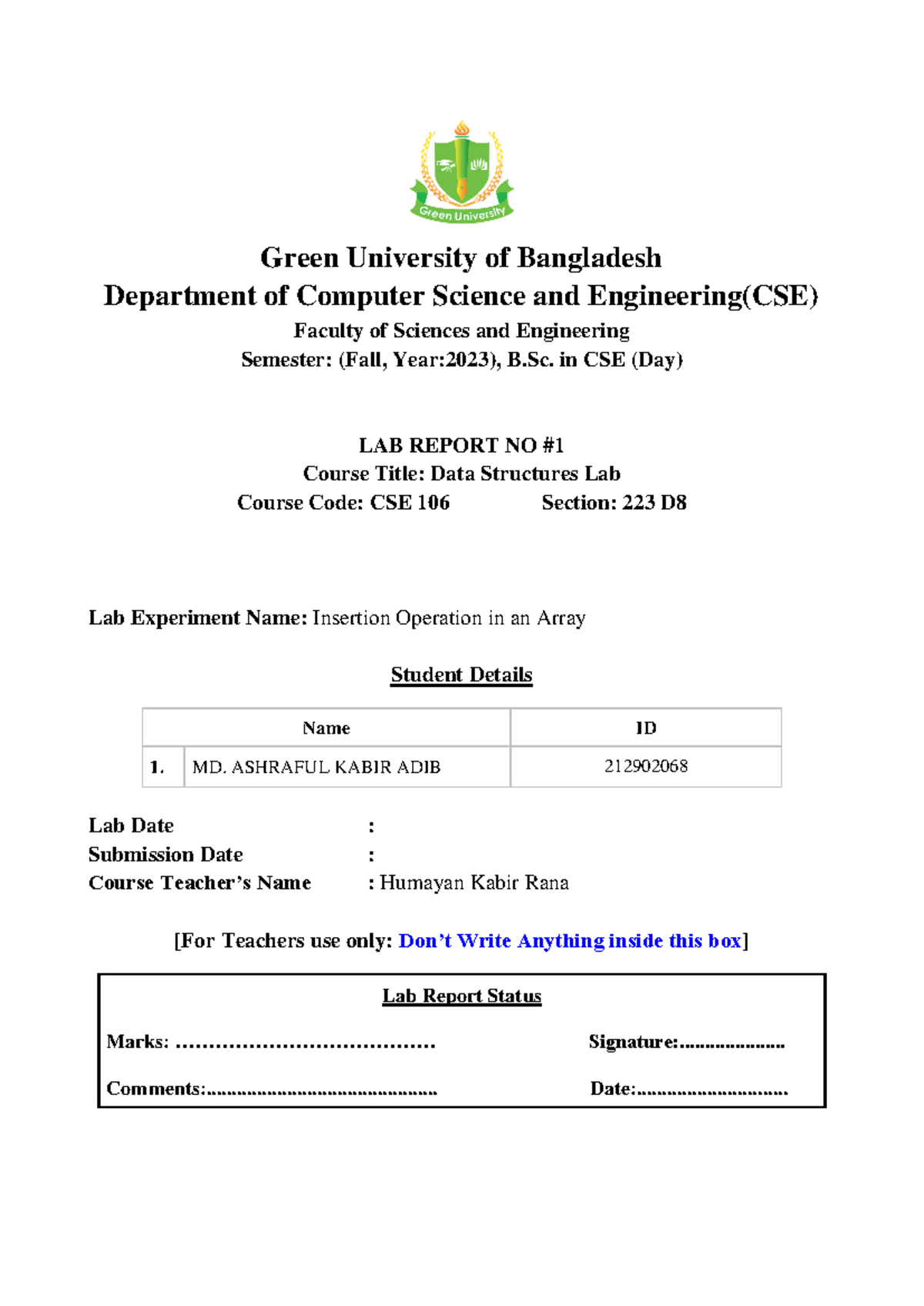 Lab Report 01 - Insertion Operation in an Array (CSE 106) - Studocu