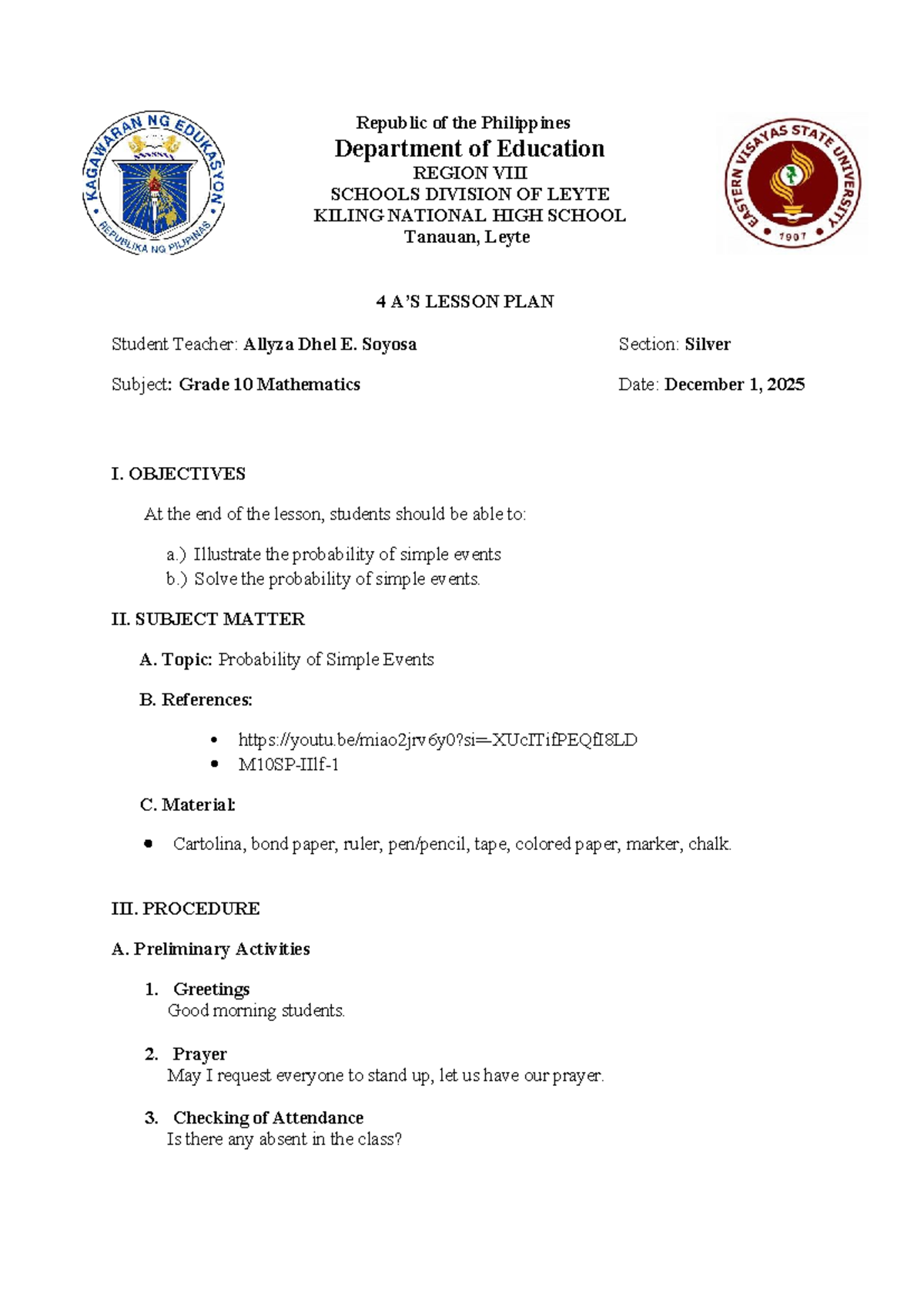 2.G10 LP Probability of Simple Events Lesson Plan - Studocu