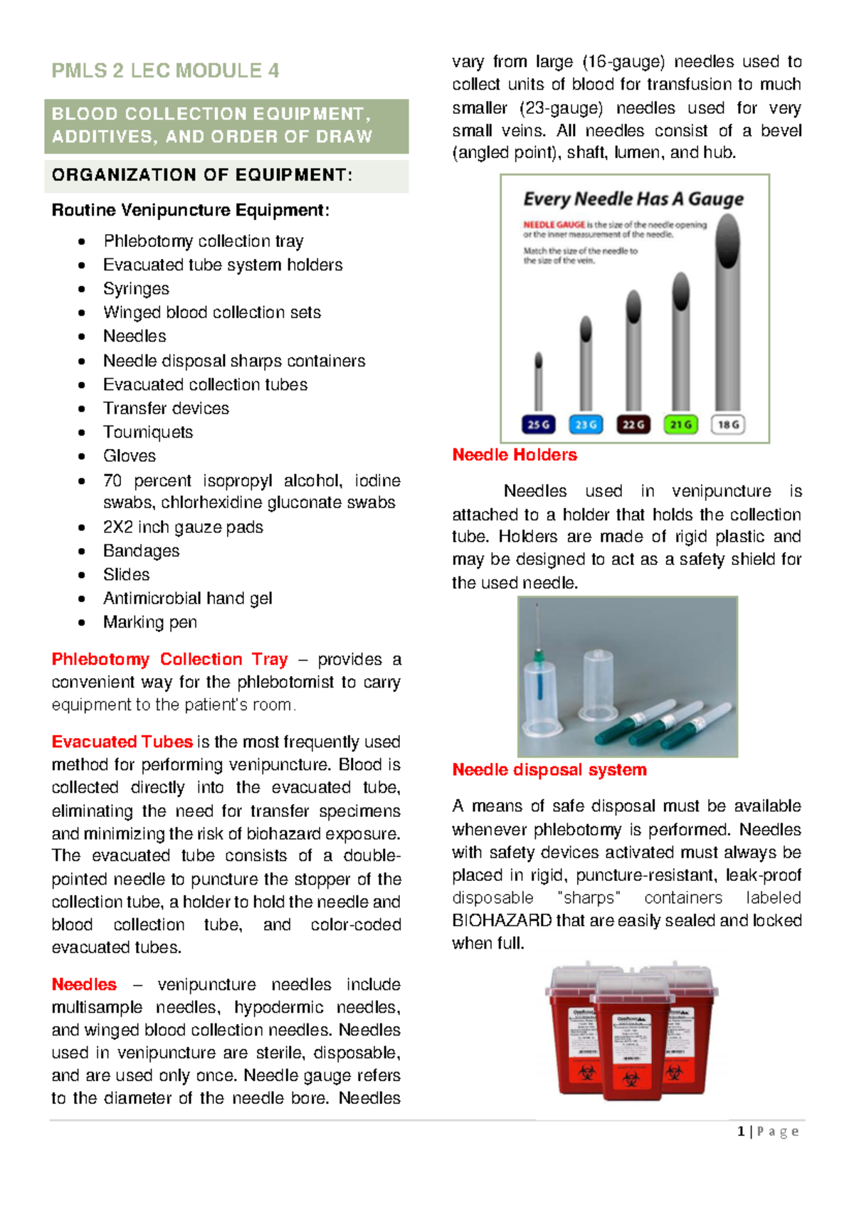 PMLS 2 LEC MODULE 4: Blood Collection Equipment & Order of Draw - Studocu