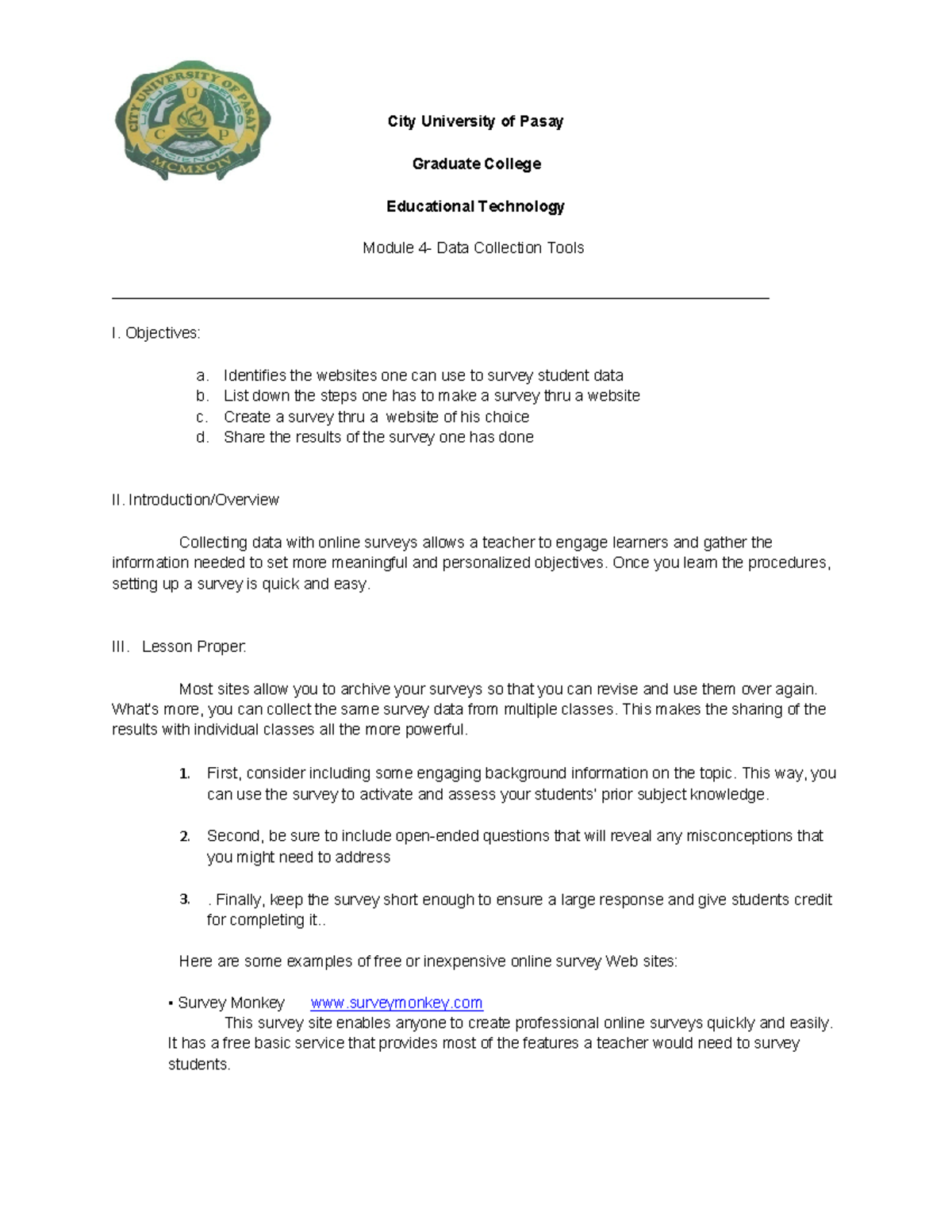 Module 4- Data Collection Tools - City University of Pasay Graduate ...