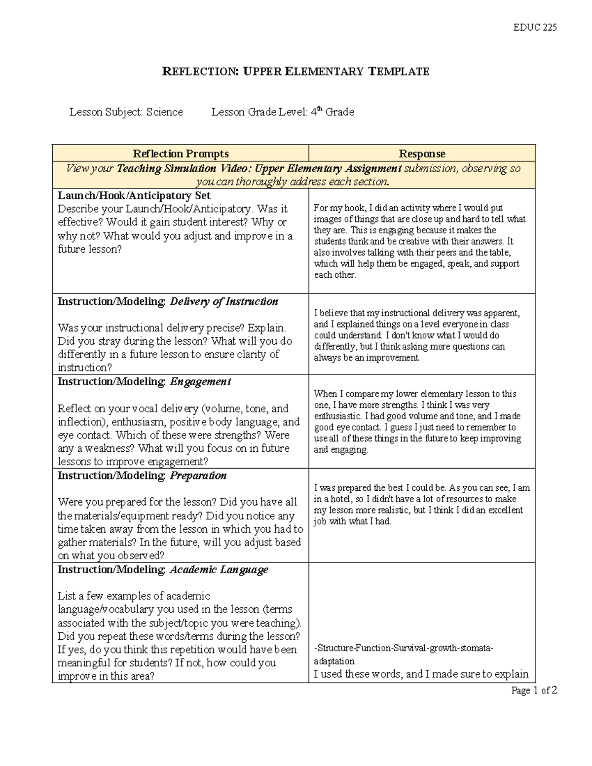 Reflection Upper Elementary - EDUC 225 REFLECTION: UPPER ELEMENTARY ...