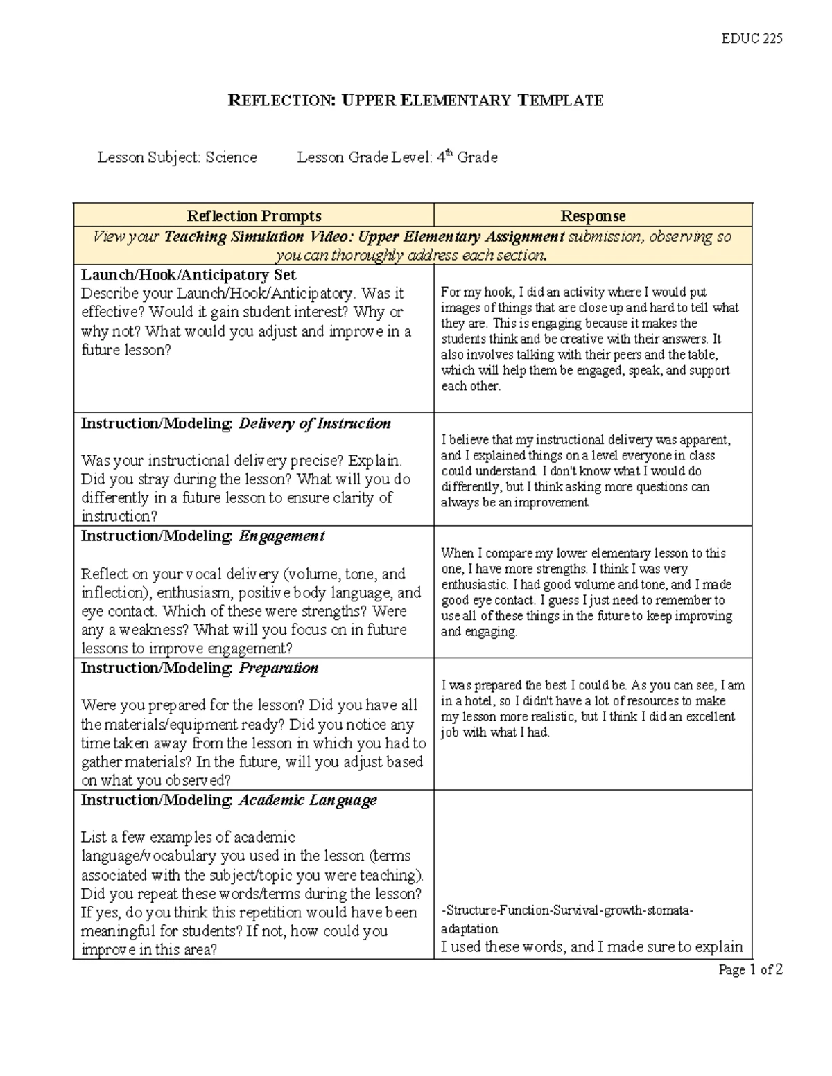 EDUC 225: Comprehensive Lesson Plan Template for Effective Teaching ...
