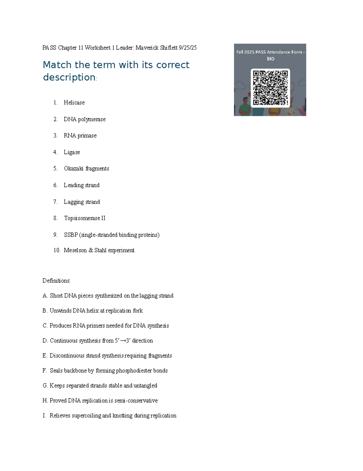 DNA Replication Quiz & Worksheet - PASS CH 11 - Studocu