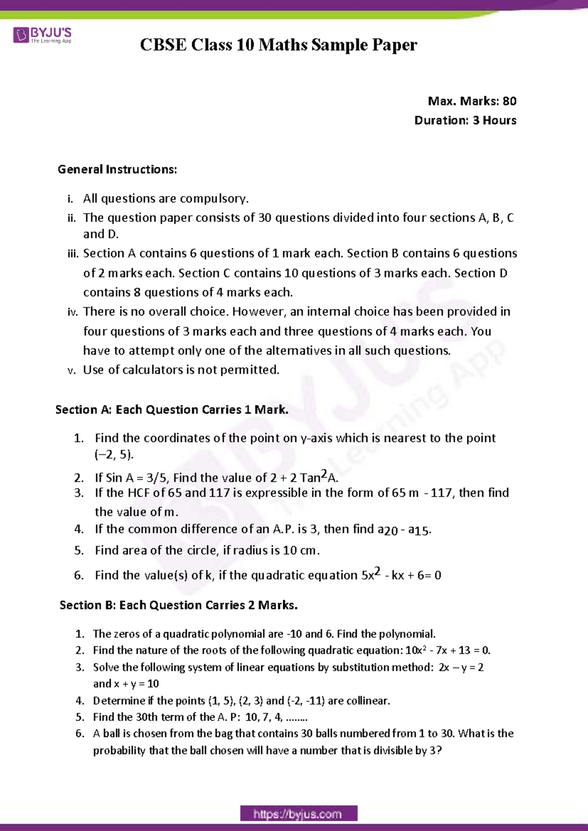 CBSE Class 10 Maths Sample Paper Set 6 - Marked for Practice Exam - Studocu