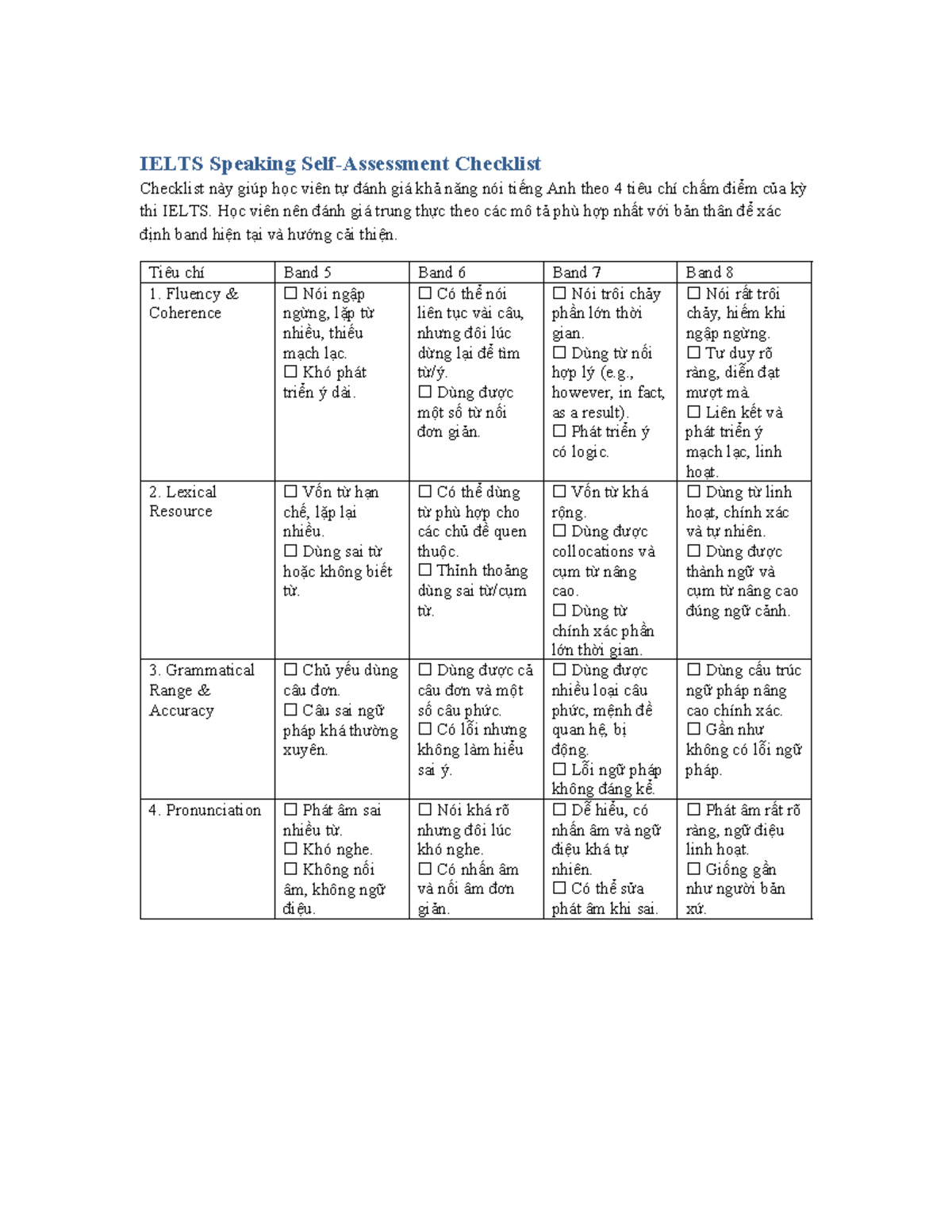IELTS Speaking Self-Assessment Checklist for Band Evaluation - Studocu
