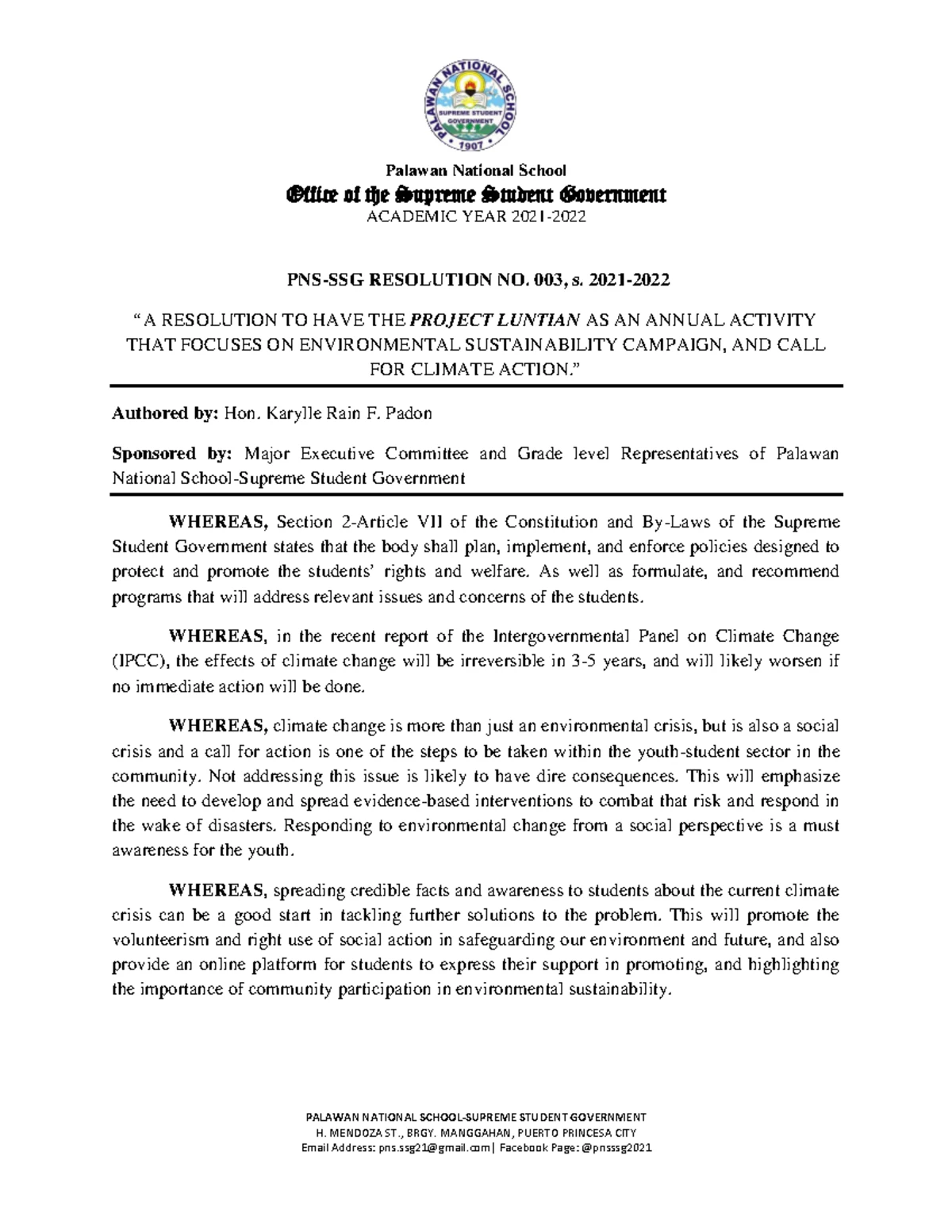 SSG Resolution No. 002 Final - Office of the Supreme Student Government ...