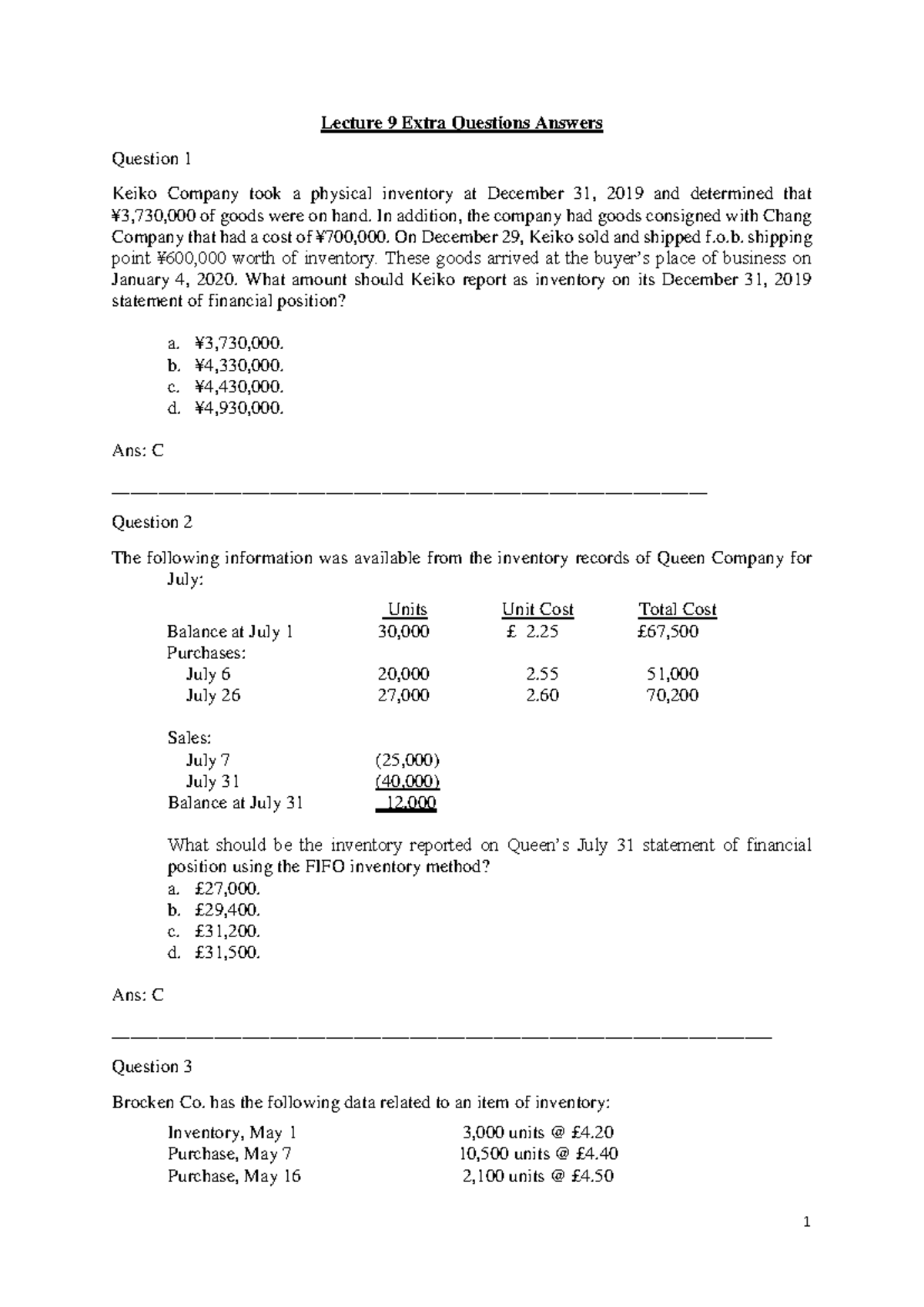 Lecture 9: Detailed Extra Questions & Answers (Accounting Concepts ...