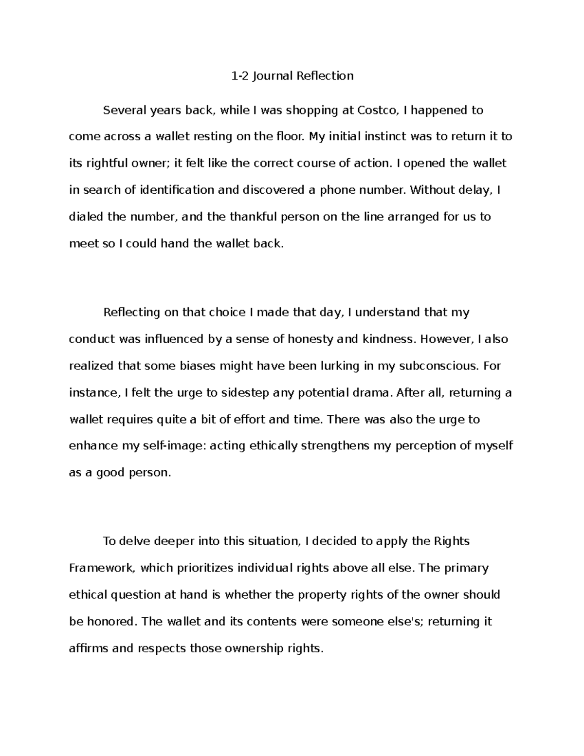 PHL 260 Journal Reflection: Ethics of Returning Lost Property - Studocu
