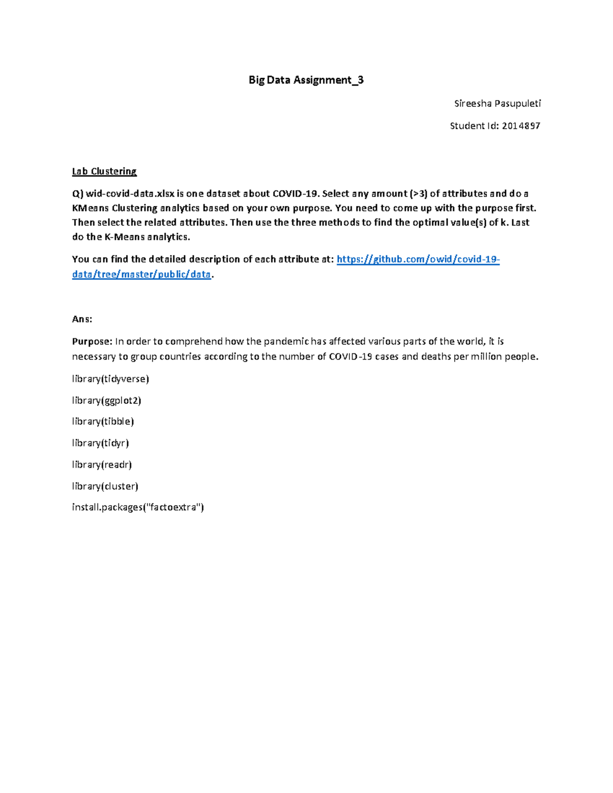 Big Data Assignment 3: KMeans Clustering Analysis on COVID Data - Studocu