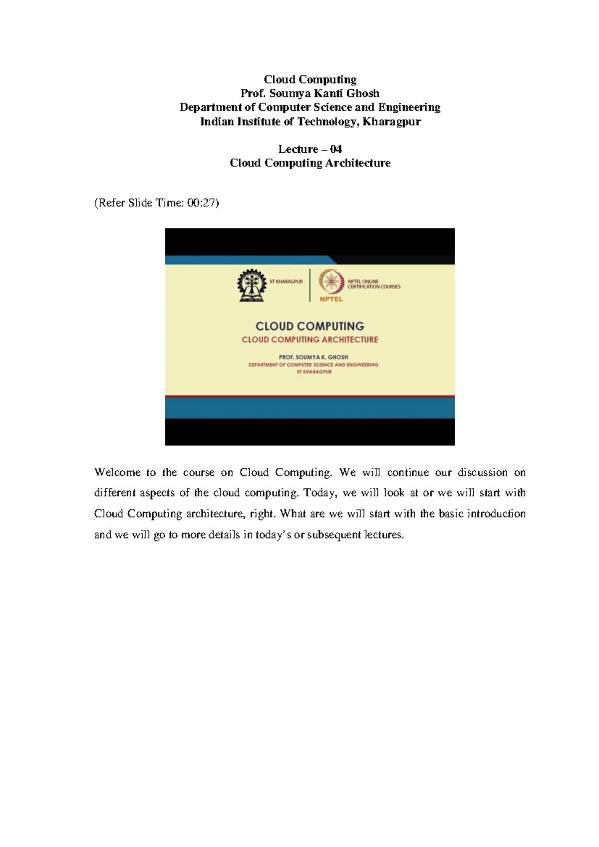 Lec 04 - Cloud Computing Architecture Overview (CSE IIT KGP) - Studocu